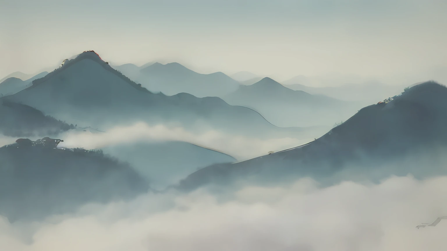 An ancient Chinese painting，Song Dynasty，On a green background，There are many peaks scattered，The peaks have cyan and blue gradients，Eau，Cloud fog，8K is rich in layers，hyper-detailing