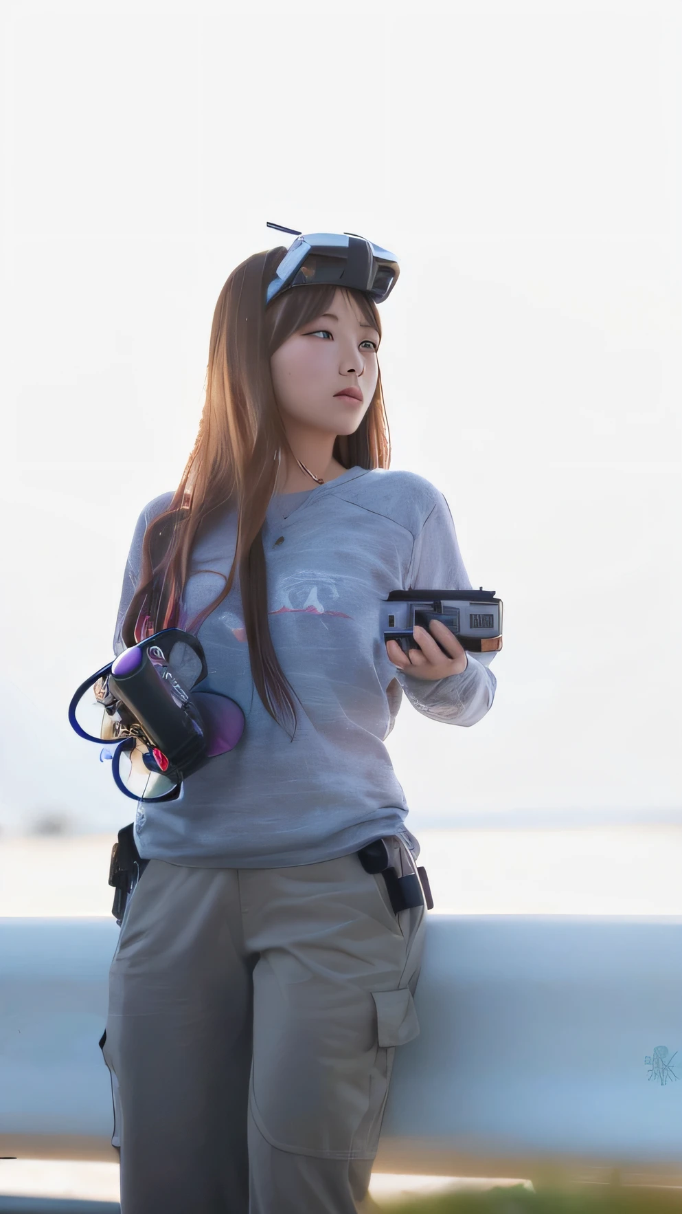A girl with long hair,二重まぶた,tall nose bridge,A high-tech eye patch is worn on his head,Drone in one hand,Hold the remote control in one hand, Mix Fujifilm,deayami kojima, girl with warship parts, shiori teshirogi, UAVs, still from live action movie, skydoll noa --auto