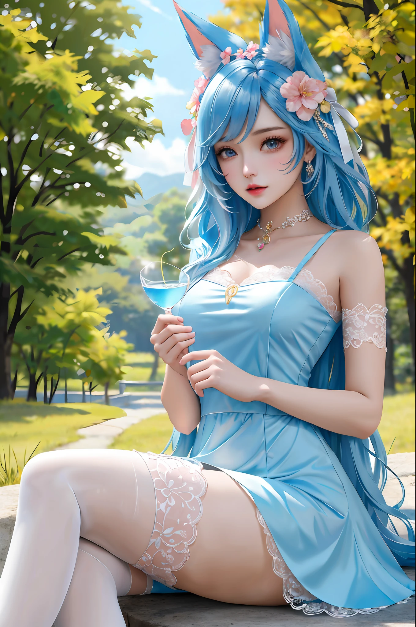 (tmasterpiece: 2.0,Best picture quality),(Ultra-fine eyes: 2.0),ph_REM,Remoud(1girll),blue hairs,独奏,eBlue eyes,x Headgear,Lace leg ornament,Bow knot,stocklings,Liquid socks,lacepantyhose,Suspenders,lolita,lolita shoes,full bodyesbian,Two hands,Two legs,Photo art,offcial art,maidennurse,Skysky,rays of sunshine,Peachblossom,Peach Blossom Mountain Forest