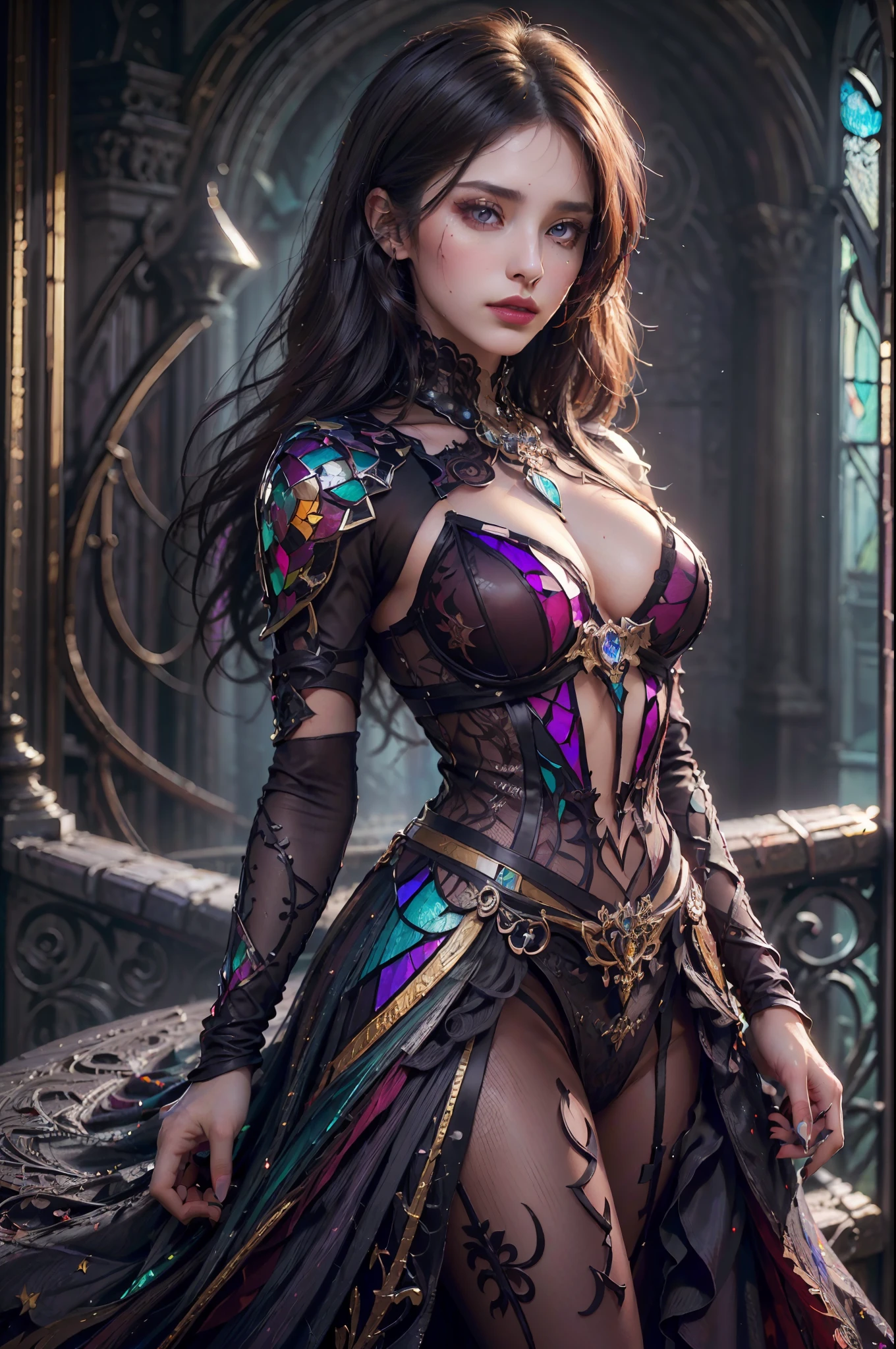 stainedglassAI, beautiful woman in flowery red dress with stained-glass armor, colorful, (dark background), deep shadow, dark theme, (muted colors, dim colors, soothing tones:1.3), highres CG, 8k wallpaper unity, ((masterpiece,best quality,realistic,hyper-detailed:1.27))