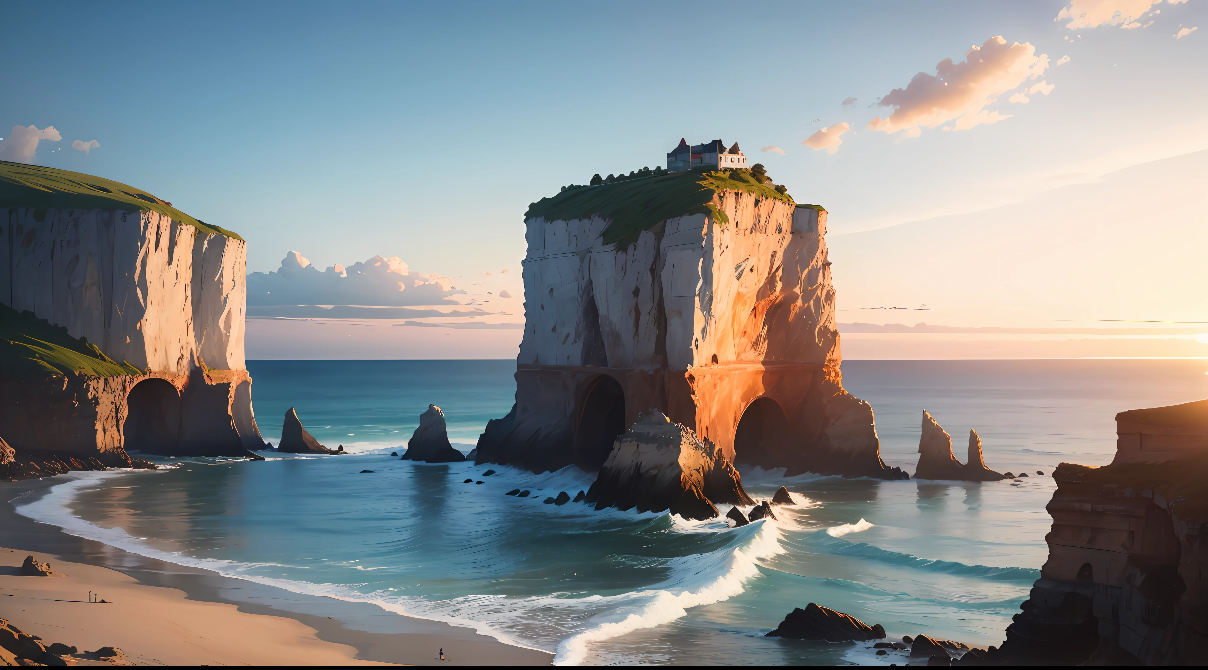 an artistic view of the beach and cliffs surrounding it in the ocean, no humans, scenery, sky, outdoors, cloud, water, sunset, rock --auto