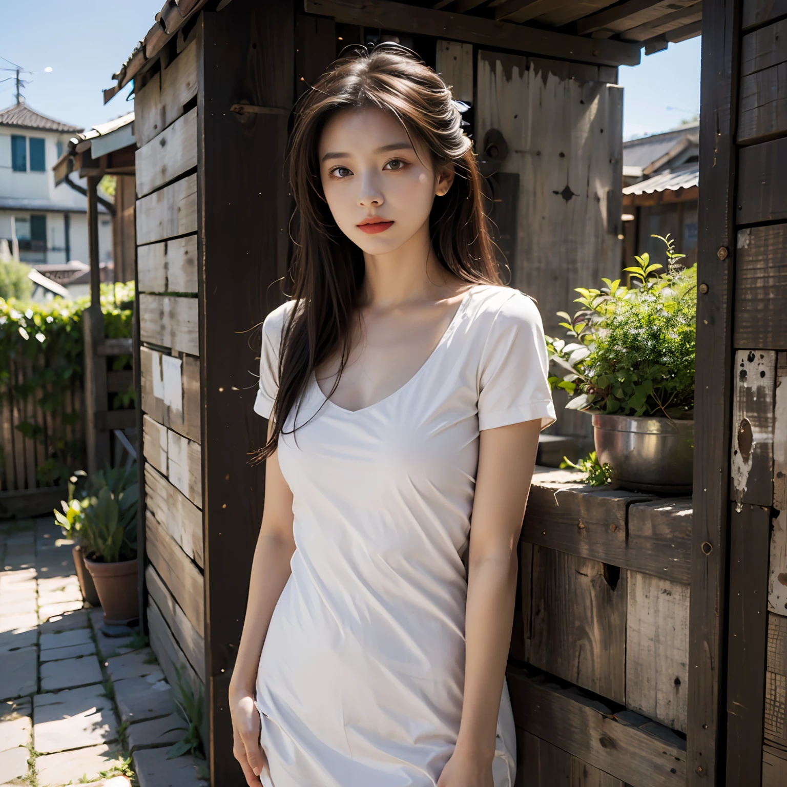 best qualtiy,tmasterpiece,超高分辨率,(realisticlying:1.4),RAW photogr,(Evening street),(1个Giant Breast Girl),黑The eye,long whitr hair,Light makeup,cparted lips,tiny ears,whitet-shirt,Beautiful Women with Perfect Figure:1.4, large breasts, ,(exteriors,beachside:1.1),the city street,Ultra-fine face,Fine eyes,二重まぶた ,long leges, Solo,The eyes are melancholy,fully body photo,cowboy shot, panorama,