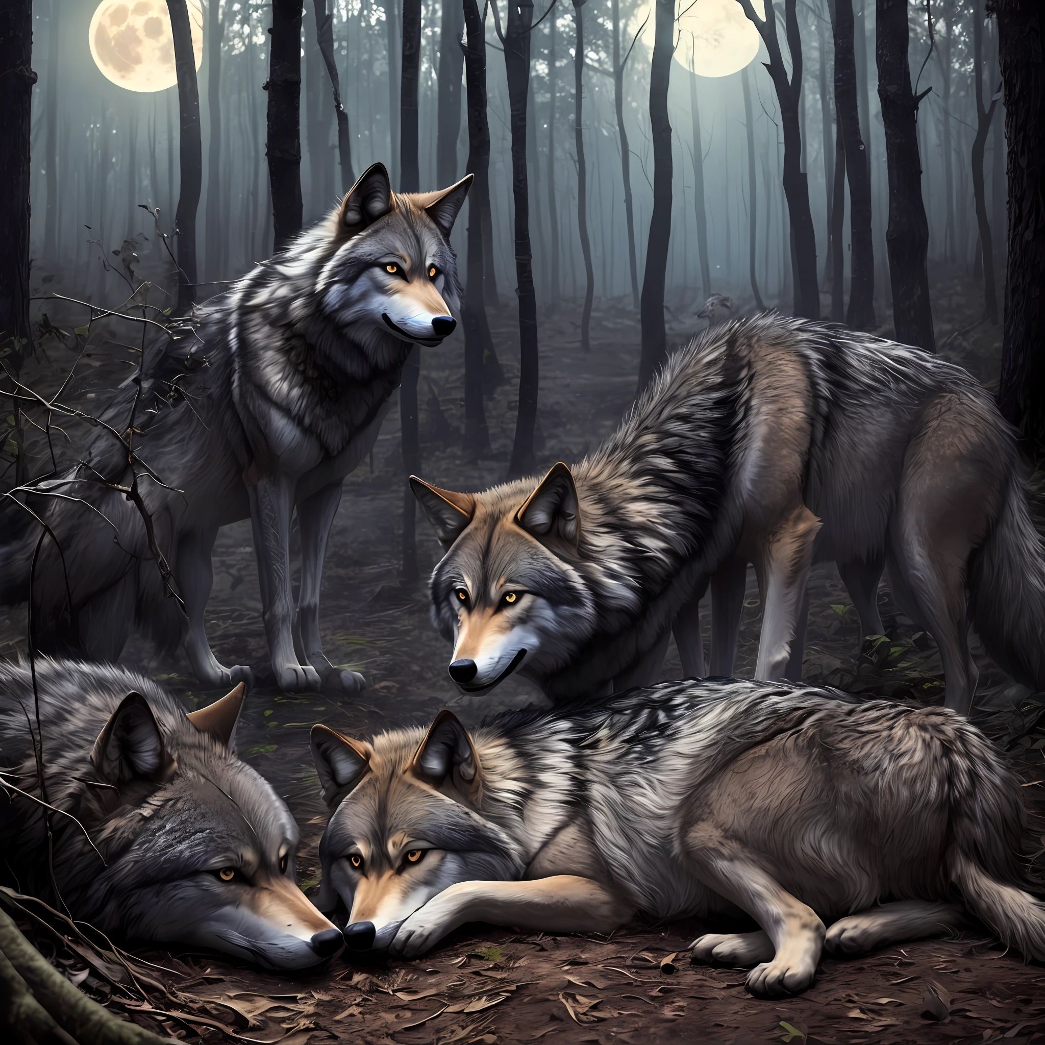 In the moonlit forest, wolves are dividing their corpses --auto
