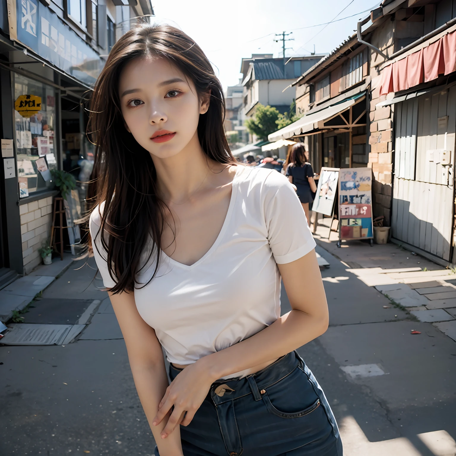 best qualtiy,tmasterpiece,超高分辨率,(realisticlying:1.4),RAW photogr,(Evening street),(1个Giant Breast Girl),黑The eye,long whitr hair,Light makeup,cparted lips,tiny ears,whitet-shirt,Beautiful Women with Perfect Figure:1.4, Bigchest,(exteriors,beachside:1.1),the city street,Ultra-fine face,Fine eyes,二重まぶた ,long leges, Solo,The eyes are melancholy,fully body photo