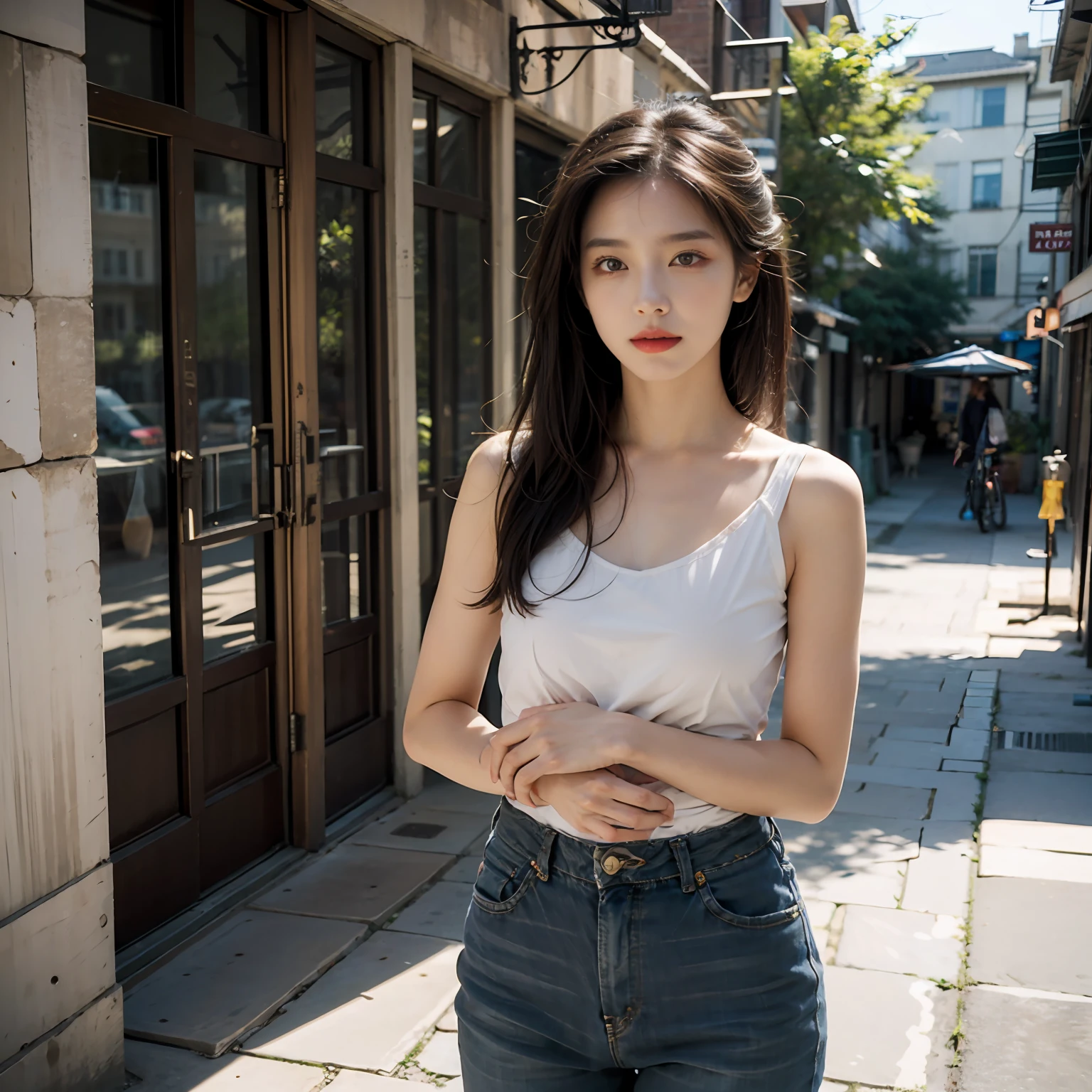 best qualtiy,tmasterpiece,超高分辨率,(realisticlying:1.4),RAW photogr,(Evening street),(1个Giant Breast Girl),黑The eye,long whitr hair,Light makeup,cparted lips,tiny ears,whitet-shirt,Beautiful Women with Perfect Figure:1.4, Bigchest,(exteriors,beachside:1.1),the city street,Ultra-fine face,Fine eyes,二重まぶた ,long leges, Solo,The eyes are melancholy,fully body photo,cowboy shot, panorama,