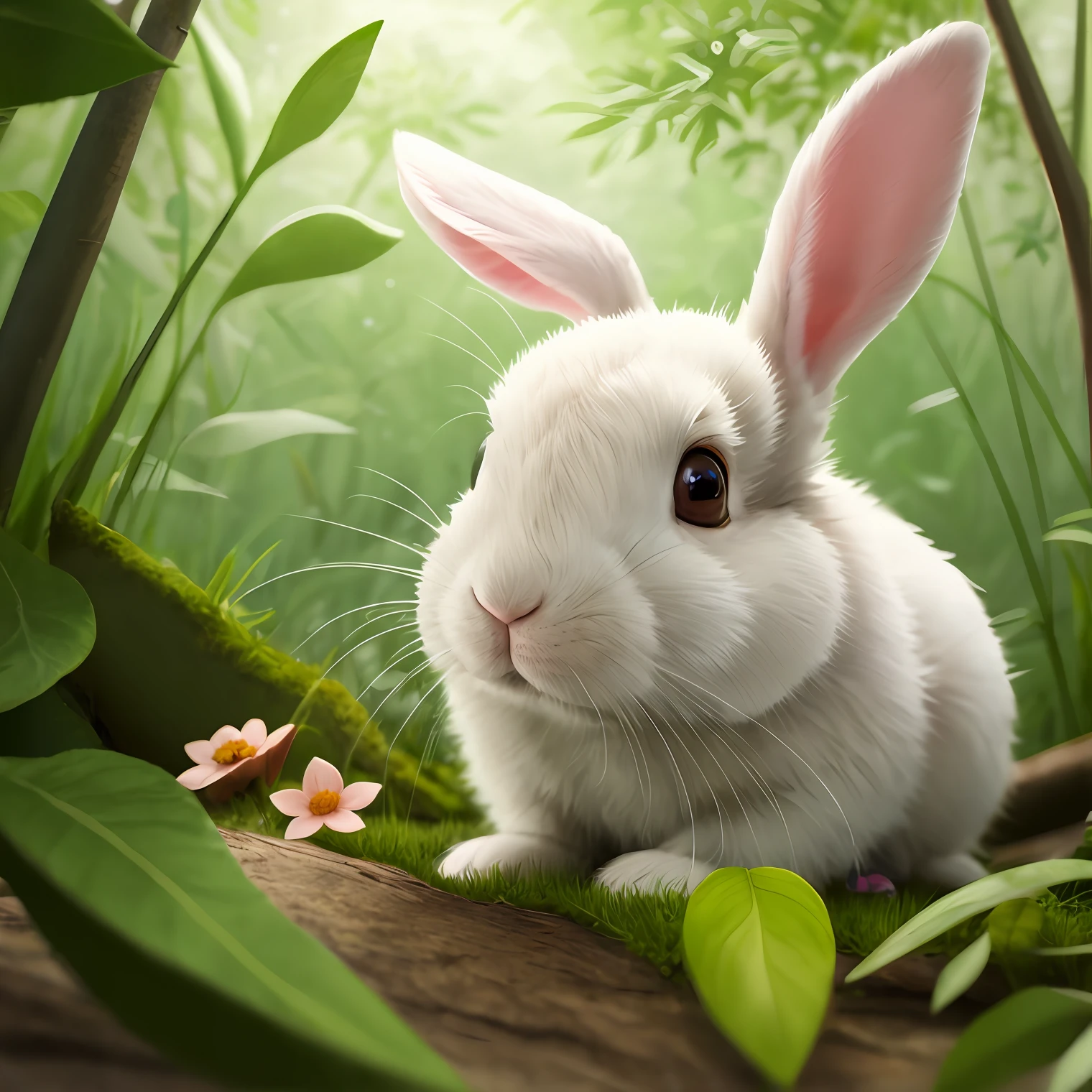 A cute cartoon bunny,Plead for the camera,sad big eyes,Ears drooping,full bodyesbian,realisticlying,8K,ultra - detailed,illustratio,dynamic angle,tmasterpiece,best qualtiy,The little bunny decides to embark on a journey in search of flowers。It passes through dense forests,Difficulties,Challenges。Sometimes it is lost,Sometimes you encounter dangerous animals,But the little rabbit never flinched。Seed-46707575005253