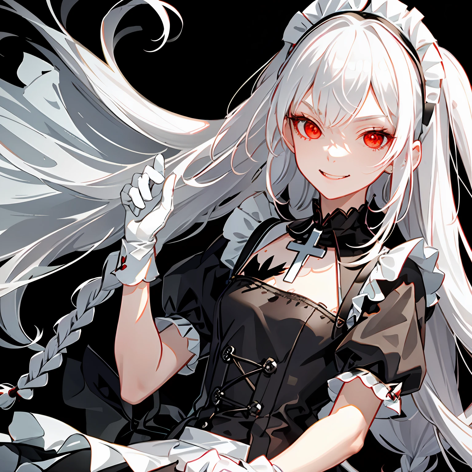 best quality, ultra detailed, 1girl, solo, standing, white hair, twin braids, red eyes,((black background)),maid headdress,maid apron, bangs, cross necklace,medium breastsr,white gloves,  stare, smile, (evil:1.2), looking at viewer, (interview:1.3),