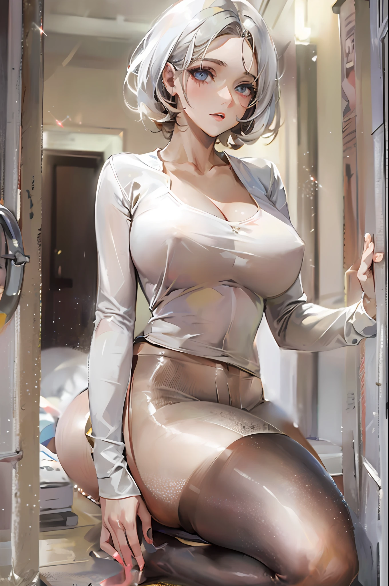 Ultra-realistic 8K CG，Flawless face，flawless perfection，ren，tmasterpiece，professionalartwork，famousartwork，Perfect face，Beautiful face，Beautiful eyes，（（Perfect female body）），Large breasts，独奏，，a skirt，，Be red in the face，Seductive expressions，Extreme meticulousness_The eye，thick thight，sobu，（（whaite hair）），short detailed hair，Beautiful background，depth of fields，bdsm，skindentation，full bodyesbian，The shirt，lacepantyhose，Protruding