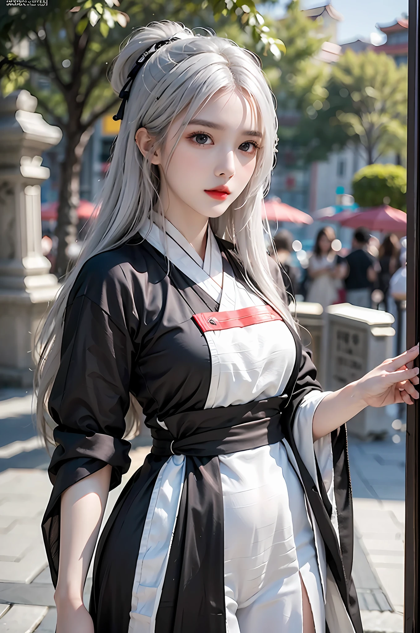 photorealistic, high resolution, 1 girl, hips up, beautiful eyes, white hair, long hair, ringed eyes, Chinese clothes, hanfu, black clothes