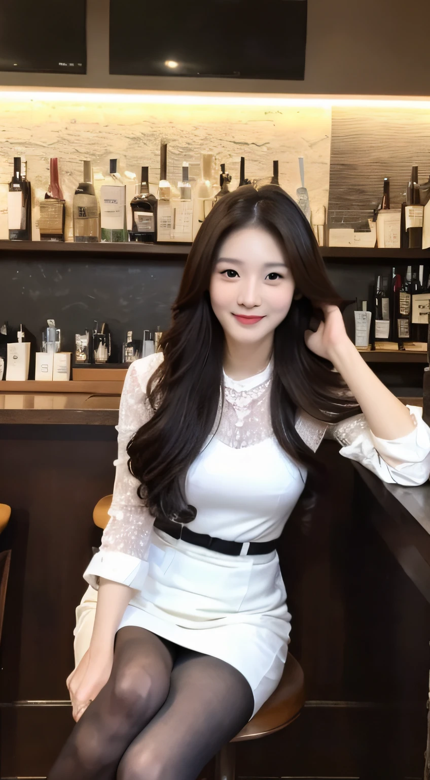 (1 Korean star with royal sister style), ((Best quality, 8K, 巨作: 1.3)), focal point: 1.2,Tall and tall: 1.4, (Make a smile), (Ray traching),Watery eyes, Highly Detailed Face and Skin Textur, Fine eyes, Double eyelids, Whitens the skin, (long whitr hair, Air bangs: 1.3), (face round: 1.5), (White dress: 1.4), (duck sitting,sitting in a bar: 1.6),(black lence stockings: 1.4),(Preppy style:1.4)