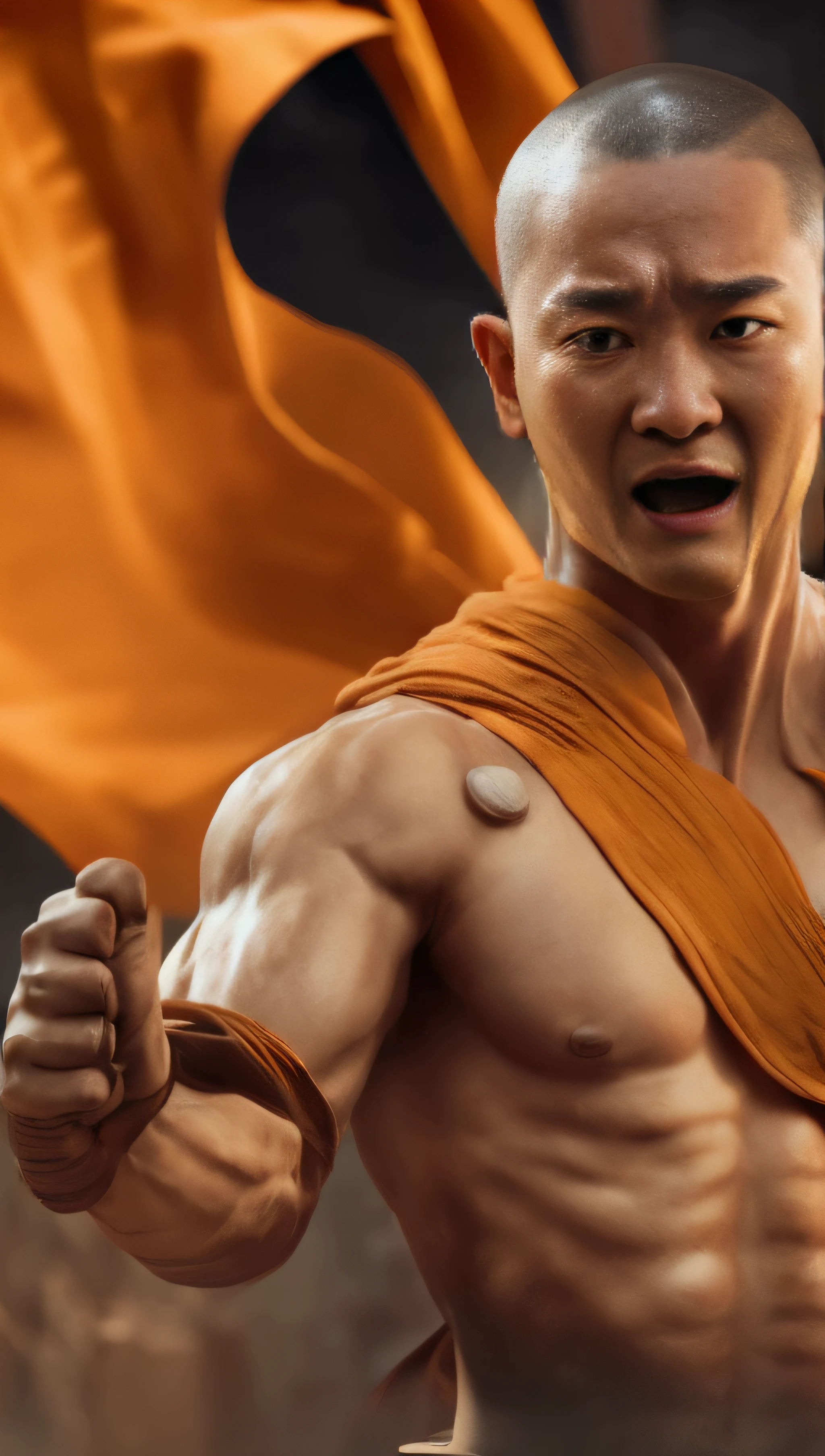 . Shaolin monk hyper - detailed, make a super power fist and destroys the world, cinematic 8k