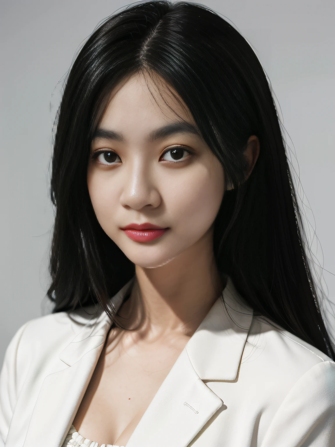 Professional photo,Business suit,professional photoshooting,Oversized details。Large body diagram,Professional photo,half-length shot, A woman in a white blazer, White dress, Short black hair, Subtle monochrome tone style, Shiny/Glossy solid color, Classic preppy style, Pure white background, Unique beauty, Thin face, Commercial images. Beautiful new camera angle, Professional portrait lighting, Studio lighting, Business feel, professional photoshooting, Extreme detail, hyper HD, Maximum detail, Hyper-detailing, Clear detail, Amazing quality, super detailing, Unbelievable,hdr,16k,the detail, The most real