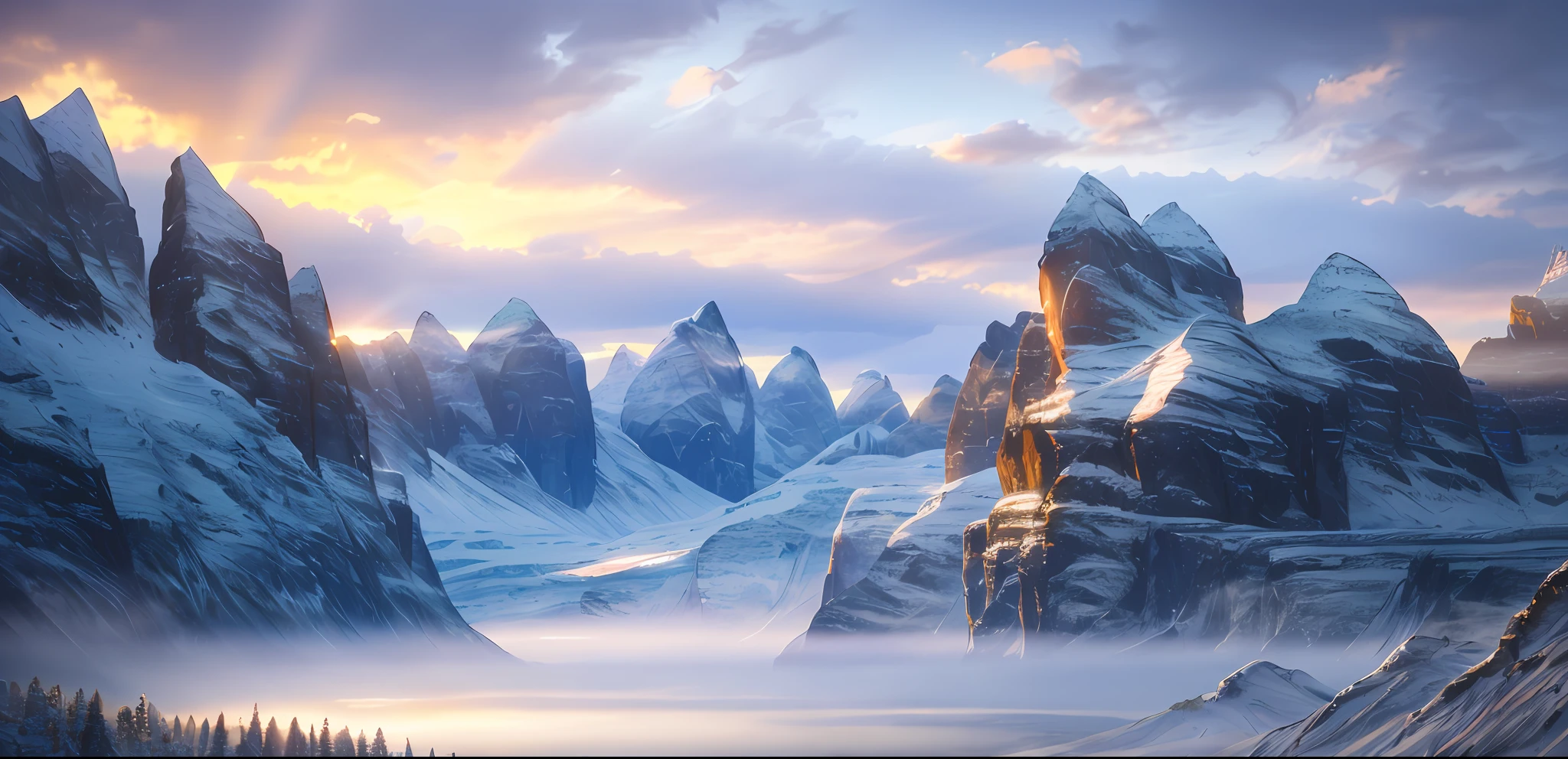 Award winning photo of beautiful landscape with mountain horizon, (Light rays), ((waterfallr)), Magnificent, luxury goods, Detailed, Sharp focus, Low angle, High detail, volumetr, illustration, cold lighting, author:Jordan Grimmer和Greg Rutkowski, trending on artstationh
