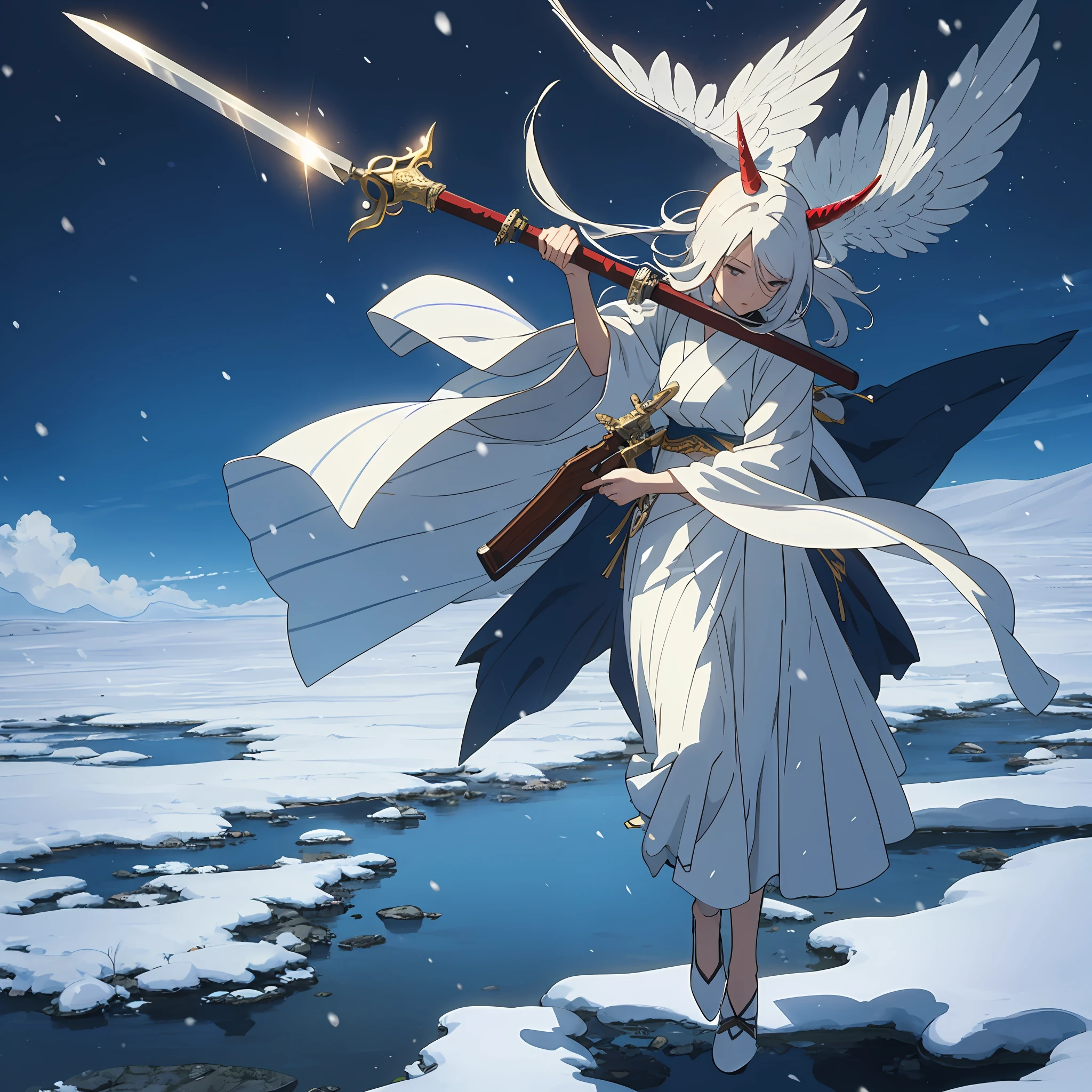 Skysky、Mare、droid、One horn、snow-white body、Gun in hand、Sword on the shoulder、Floating --auto