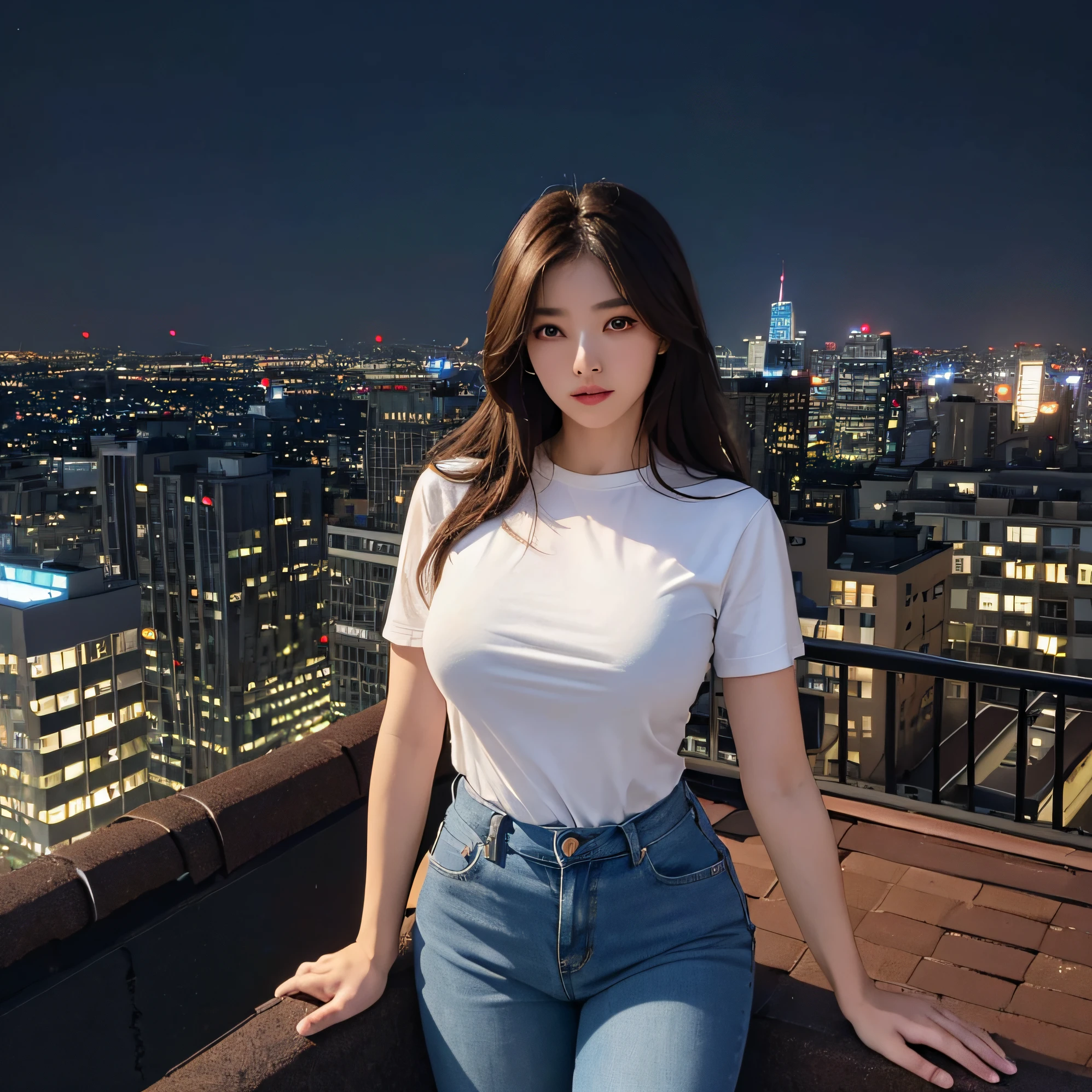 ((Midnight, Best quality, 8k, Masterpiece :1.3)), Whole body, Long legs, Sharp focus :1.2, A pretty woman with perfect figure :1.4, Slender abs :1.1, ((Dark brown hair, Big breasts :1.2)), (White tight tshirt, Jean bib, Standing:1.2), ((Night city view, Rooftop:1.3)), Highly detailed face and skin texture, Detailed eyes, Double eyelid --auto