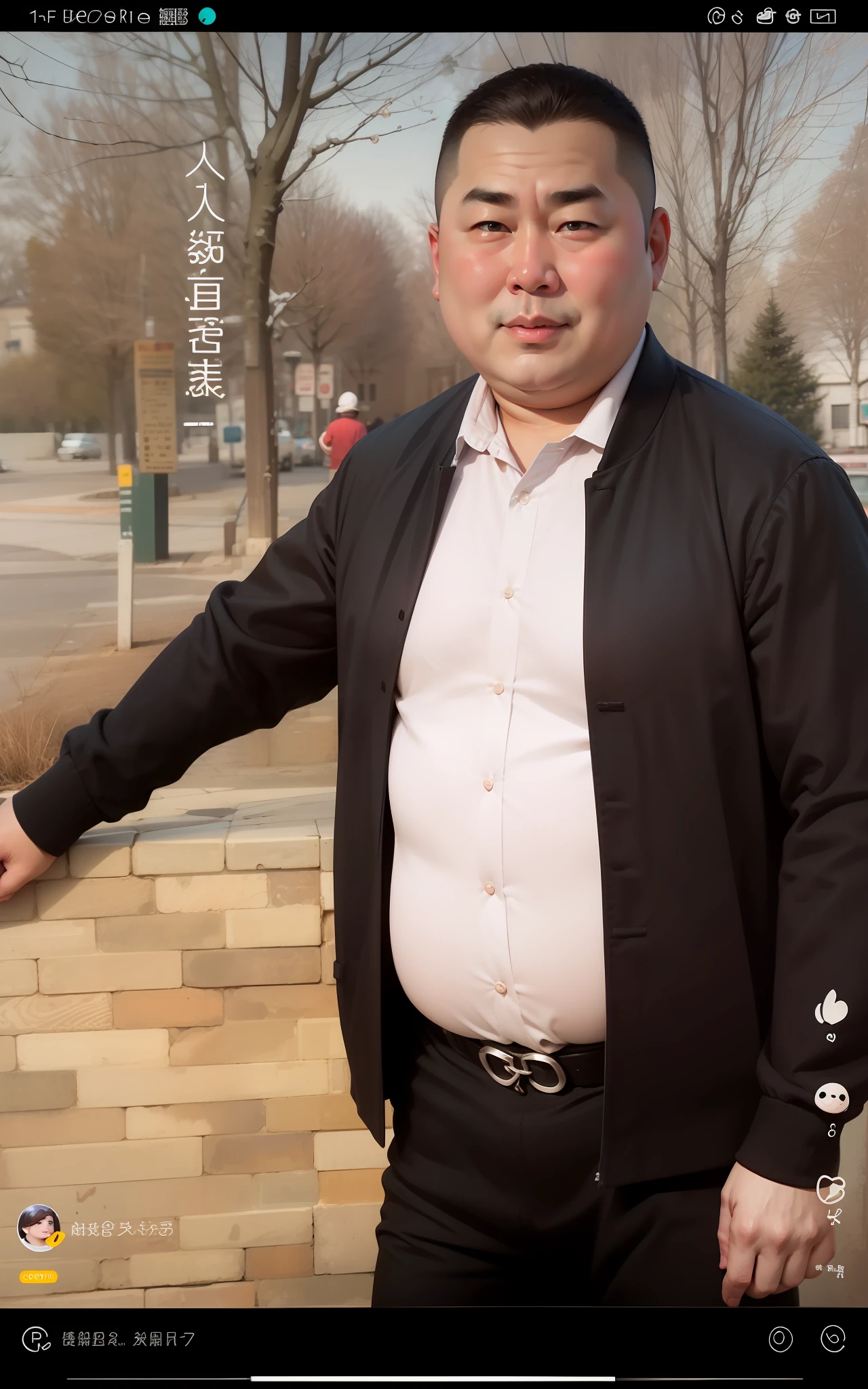 Fat uncle，with a round face，short detailed hair，ssmile，potbelly，White color blouse，with fair skin