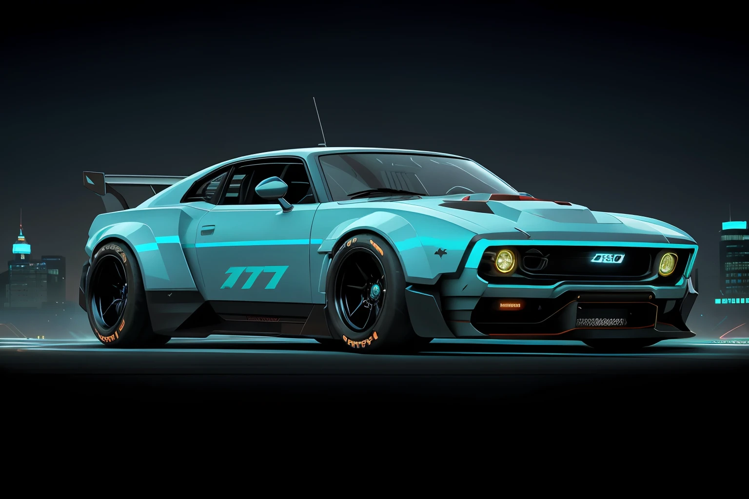 a 3/4 front view of ((futuristic cyberpunk hotrod zeekars)) (with glowing tires), neon glow , cyberpunk muscle car, lighting storm in the background, Black and ((dark blue)), in cyberpunk city, ((badass))