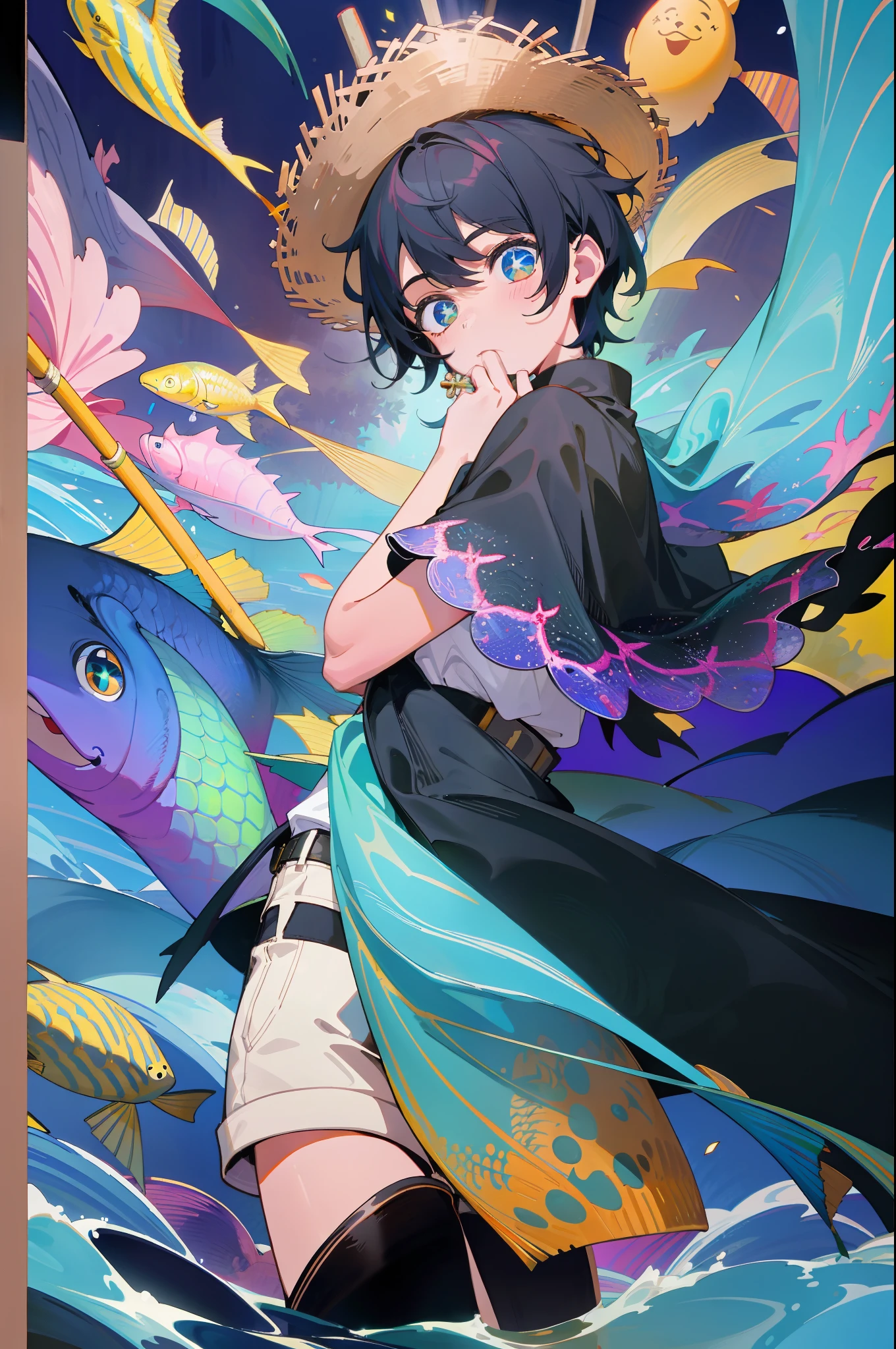 The black-haired male pupil, a , short-sleeved shorts, wearing a long cape, a straw hat with two streamers and countless wind chimes, and a green flute sits on the back of a huge fish made of water, leading more fish behind him