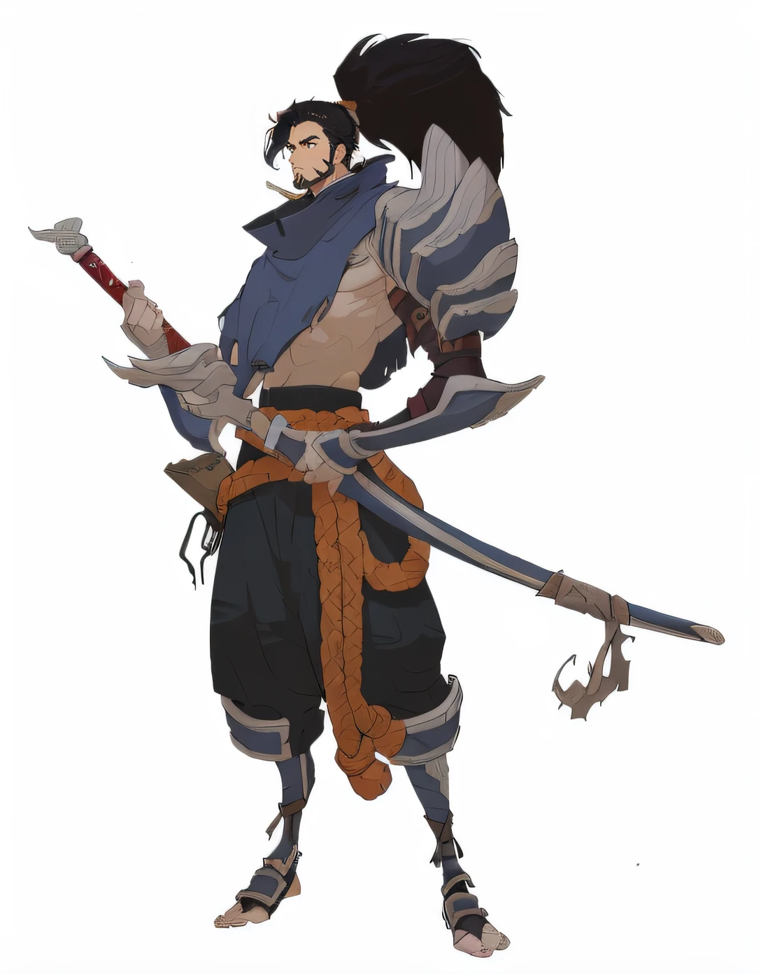 Full body character design,Positive perspective,League of Legends male character,Yaso,ninjartist,Grow a beard,Wind Blade,Hair tied in a bunch,hair pulled back,Sharp eyes,A thick rope is tied around the waist,In the style of Yasuo Kuniyoshi,Inspired by the Eastern Zhou dynasty,2D game art,Meticulous,heroism,cartoonish style、handpainted,Panorama Figures