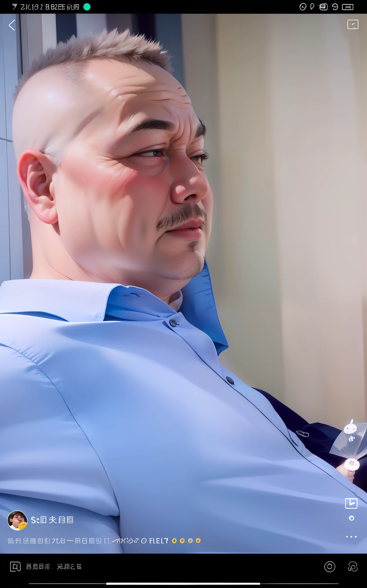 Fat uncle,with a round face,short detailed hair,ssmile,potbelly,White color blouse,with fair skin