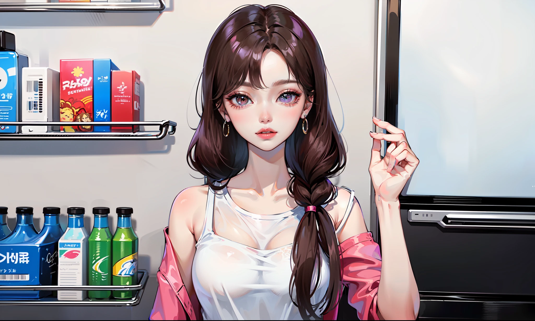 a close up of a woman with long hair standing in front of a refrigerator, blackpink jennie, jossi of blackpink, straight hairstyle, with long hair, portrait of jossi of blackpink, violet long hair, gongbi, sha xi, pigtails hairstyle, jaeyeon nam, taejune kim, the hime cut, roseanne park of blackpink