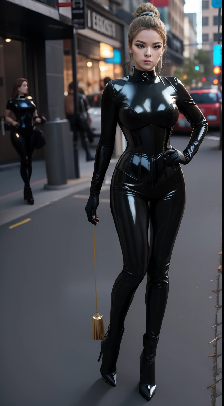 solo, super fine photo, full body photo picture Unreal Engine 5 8K UHD, black color scheme tight and thick latex catsuit, slim body, rubber catsuit, shiny latex catsuit, latex long glove, latex high heels boots, corset, harness, arm and leg cuffs, latex collar, beautiful make up, best quality, masterpiece, unified 8k wallpaper, super detailed, sharp focus, sexy pose,