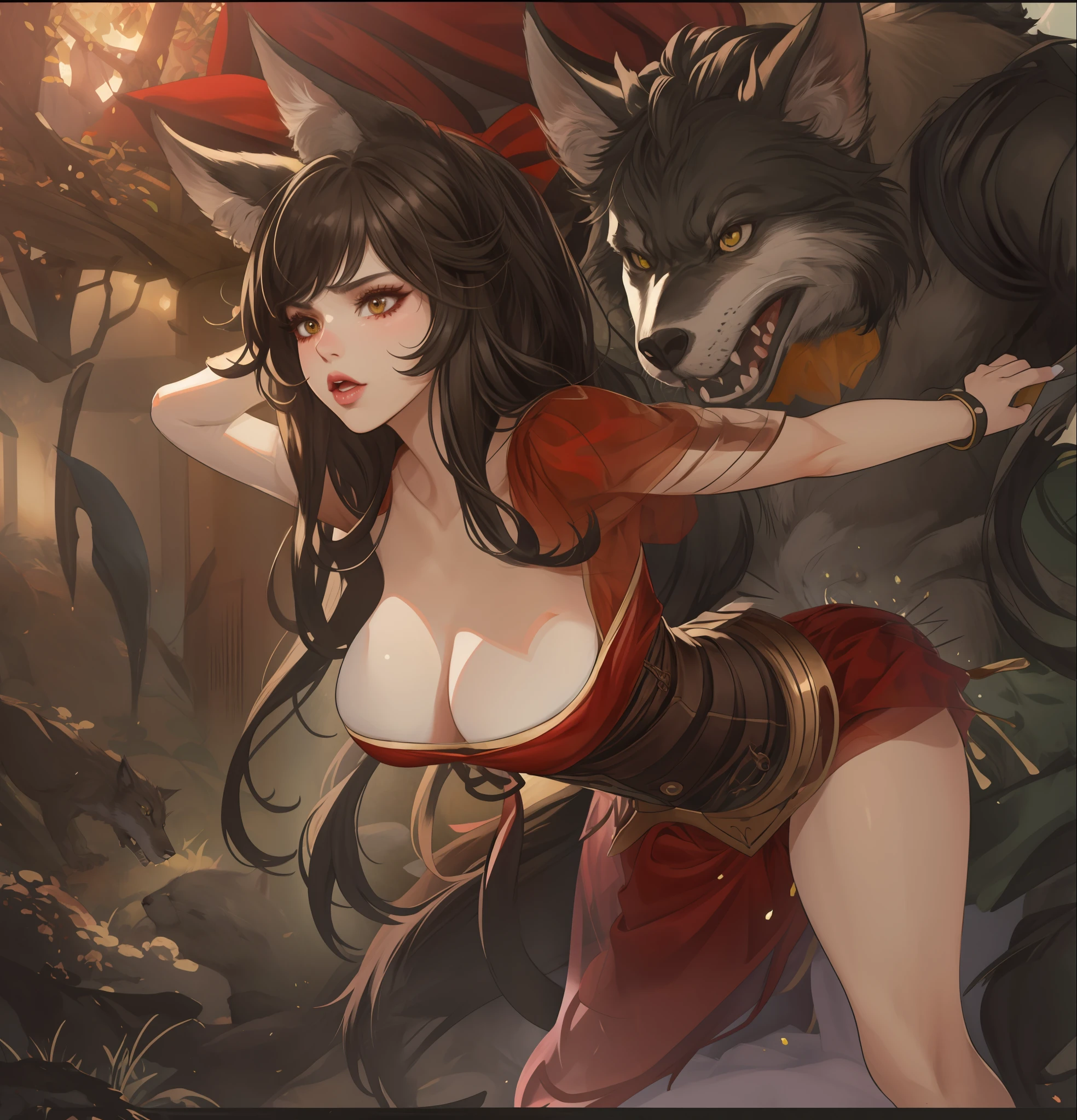 Close-up of a woman in a red dress holding a cat, WLOP et Artgerm, as seen on artgerm, IG model | Art germ, angry high moral sexy werewolf, Artgerm et WLOP, artgerm comic, artgerm detailed, Artistic germ style, Extremely detailed Artgerm