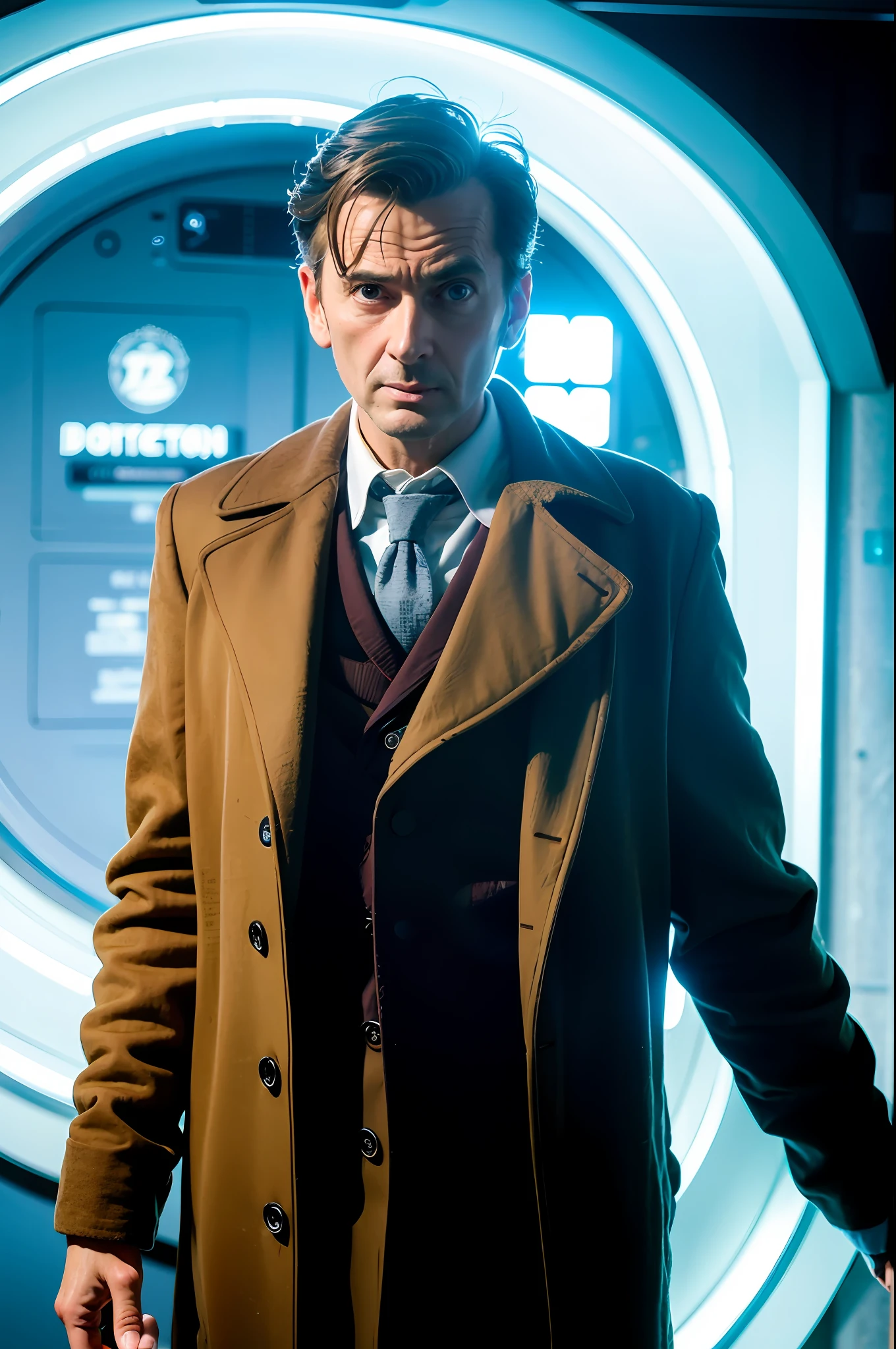best quality, ultra high res, (photorealistic:1.4), 1man, upper_body, outer space, brown jacket, doctor who, blue tardis
