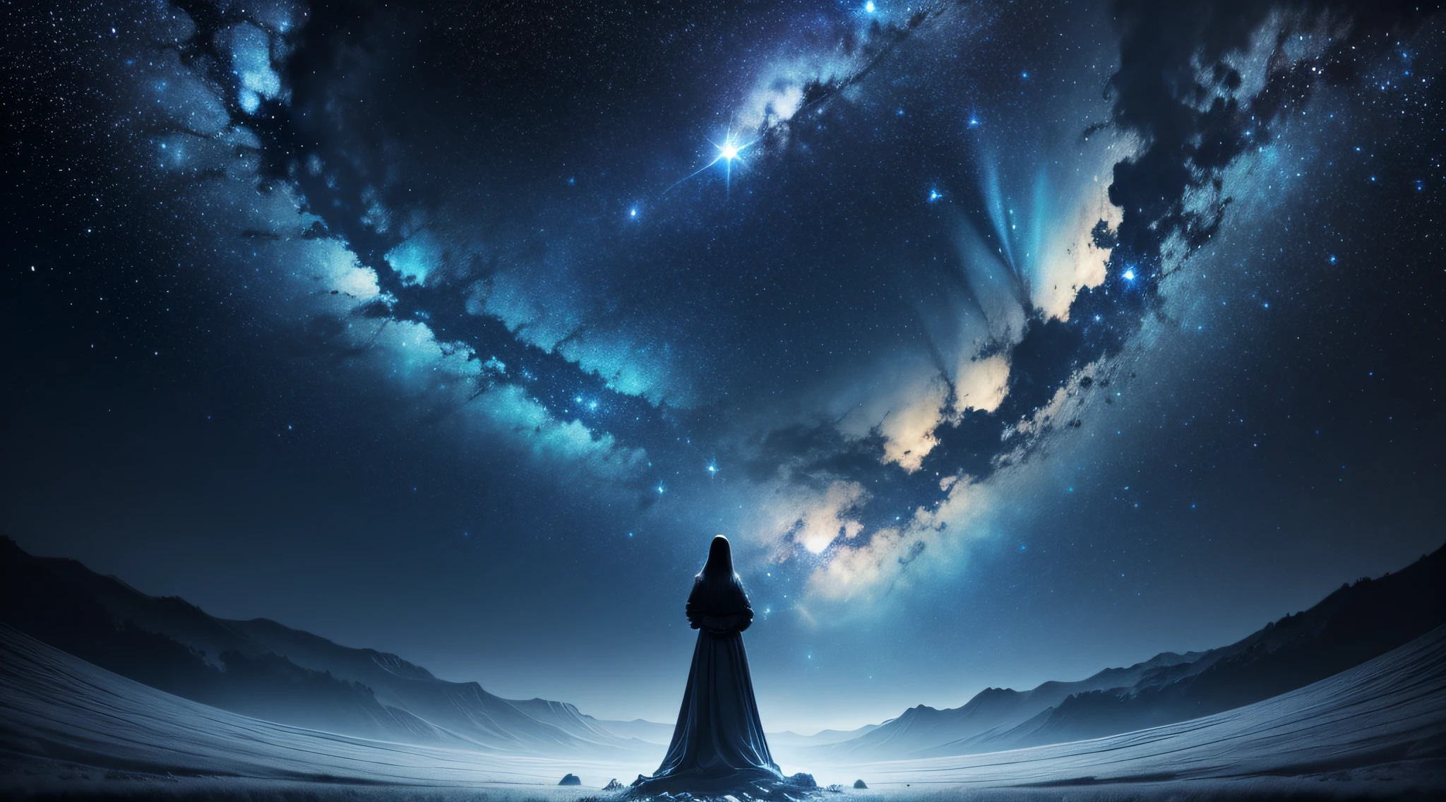 Deep starry sky，mistic，Unknown，movie atmosphere，Negative dark mode，fanciful，angelicales --auto