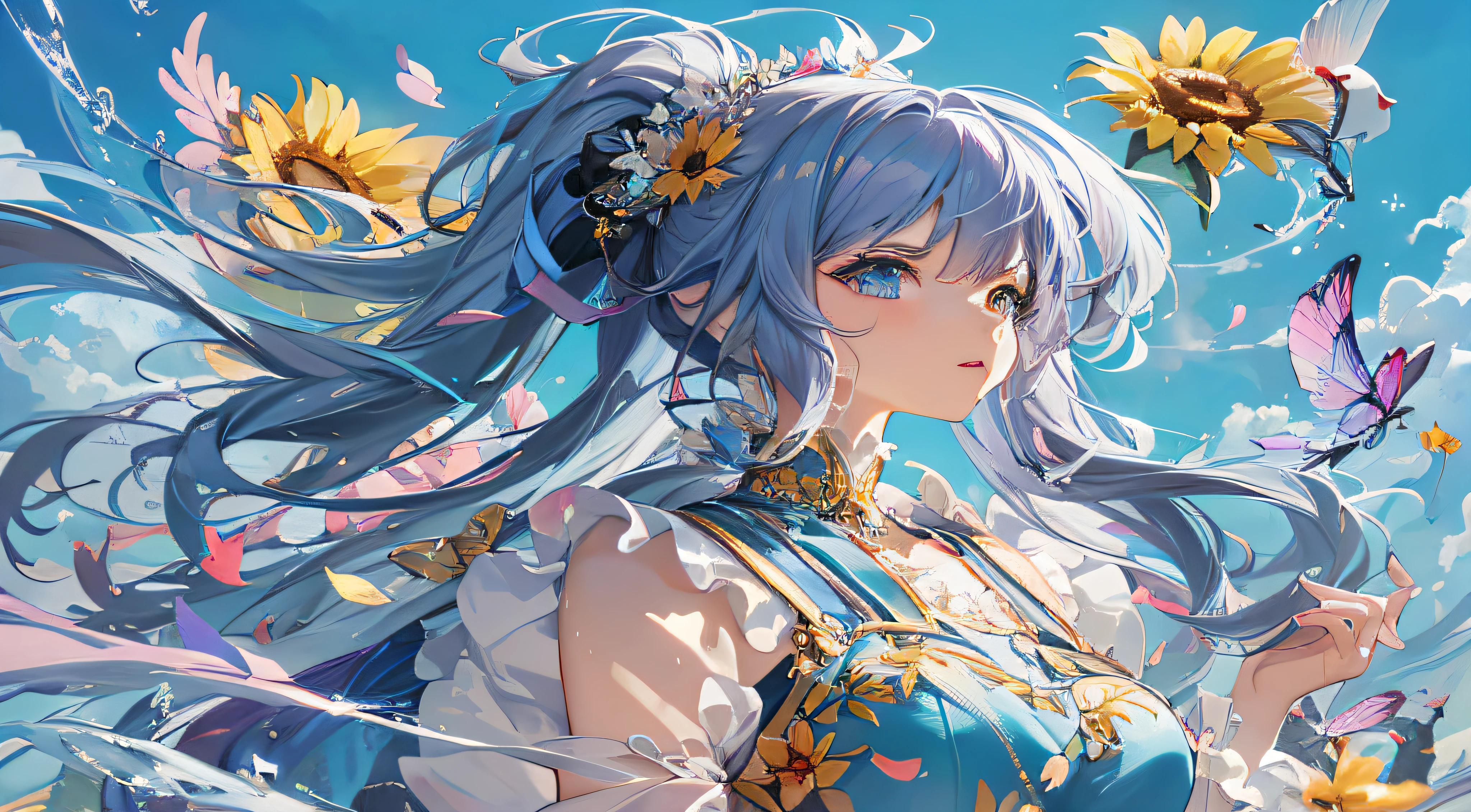 anime girl with blue hair and a flower in her hair, Anime art wallpaper 8 K, Detailed digital anime art, beautiful fantasy anime, Anime art wallpaper 4k, Anime art wallpaper 4 K, Anime fantasy illustration, high detailed official artwork, beautiful sunflower anime girl, Anime fantasy artwork, style of anime4 K, Beautiful anime artwork, trending on artstation pixiv