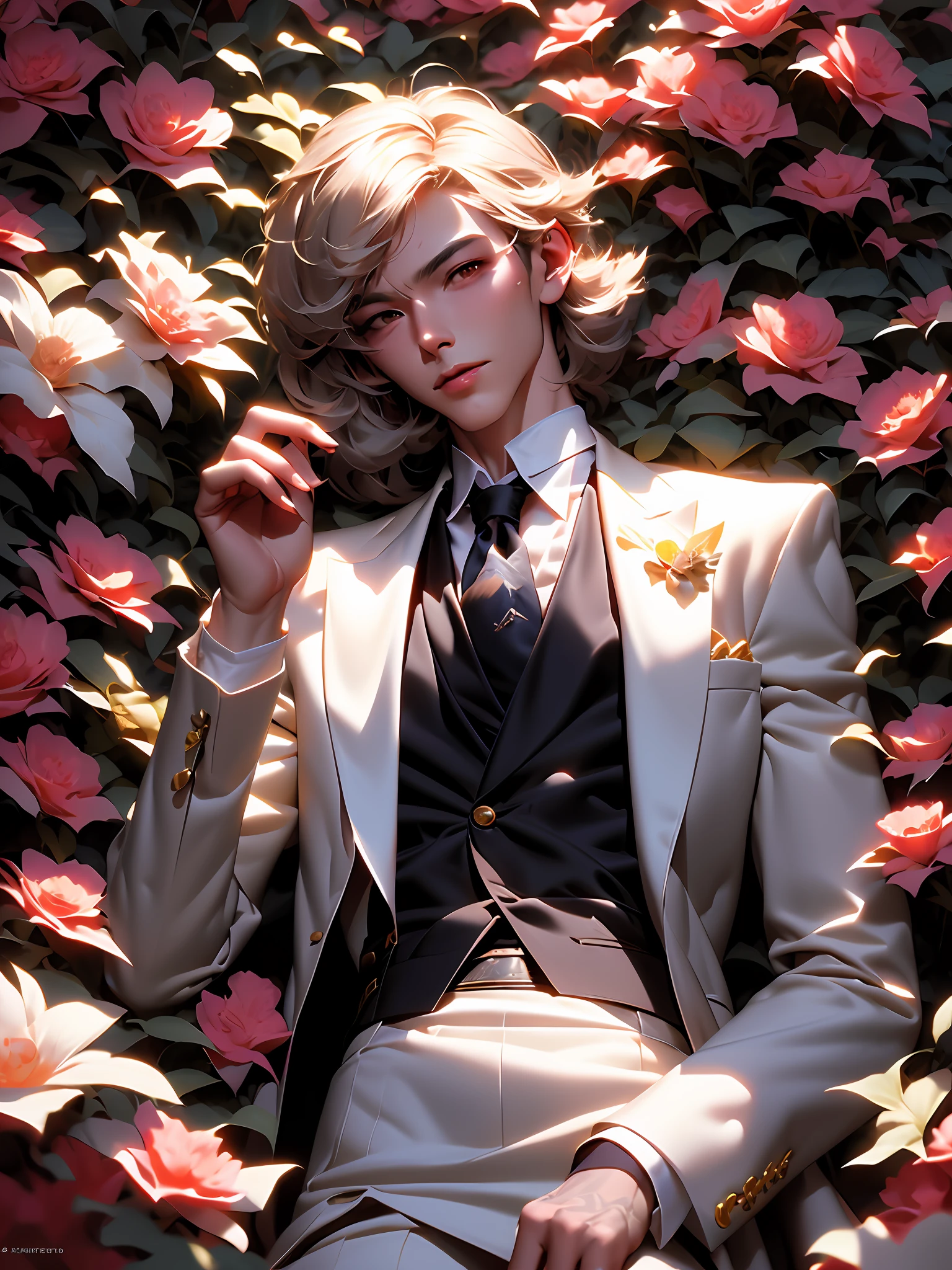 anime - style image of a man in a white suit and blue tie, by Yang J, delicate androgynous prince, beautiful androgynous prince, artwork in the style of guweiz, guweiz on pixiv artstation, trending on artstation pixiv, guweiz on artstation pixiv, zerochan art, kawacy,masterpiece, best quality, (extremely detailed CG unity 8k wallpaper), (best quality), (best illustration), (best shadow), absurdres, realistic lighting, (Abyss), beautiful detailed glowmasterpiece, best quality, (extremely detailed CG unity 8k wallpaper), (best quality), (best illustration), (best shadow), absurdres, realistic lighting, (Abyss), beautiful detailed glow