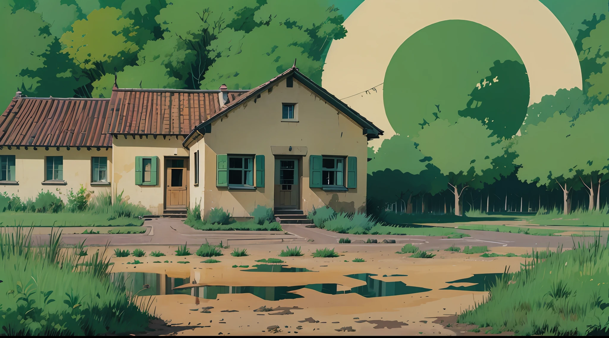80，Rural in the 90s。countryside，In town，muddy road，Vector format，Vector stroke