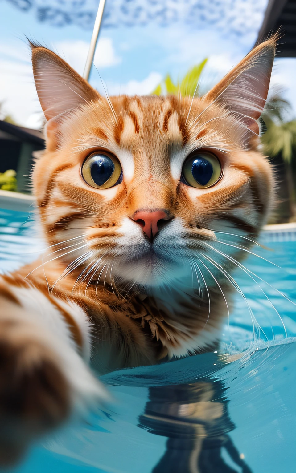 there is a cat that is swimming in the pool, a cat swimming in water, looking into the camera, looking directly at the camera, looking straight into the camera, looks directly at camera, liquid cat, looks at the camera, waving at the camera, awesome cat, looking to the camera, staring into the camera, looking straight to the camera --auto
