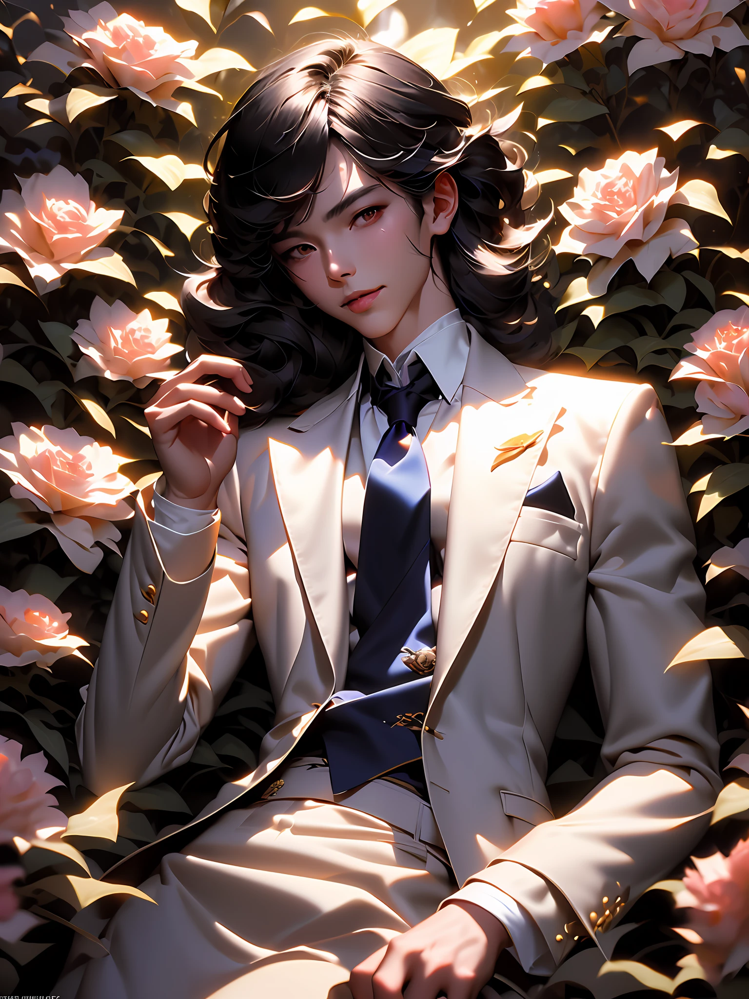 anime - style image of a man in a white suit and blue tie, by Yang J, delicate androgynous prince, beautiful androgynous prince, artwork in the style of guweiz, guweiz on pixiv artstation, trending on artstation pixiv, guweiz on artstation pixiv, zerochan art, kawacy,masterpiece, best quality, (extremely detailed CG unity 8k wallpaper), (best quality), (best illustration), (best shadow), absurdres, realistic lighting, (Abyss), beautiful detailed glowmasterpiece, best quality, (extremely detailed CG unity 8k wallpaper), (best quality), (best illustration), (best shadow), absurdres, realistic lighting, (Abyss), beautiful detailed glow