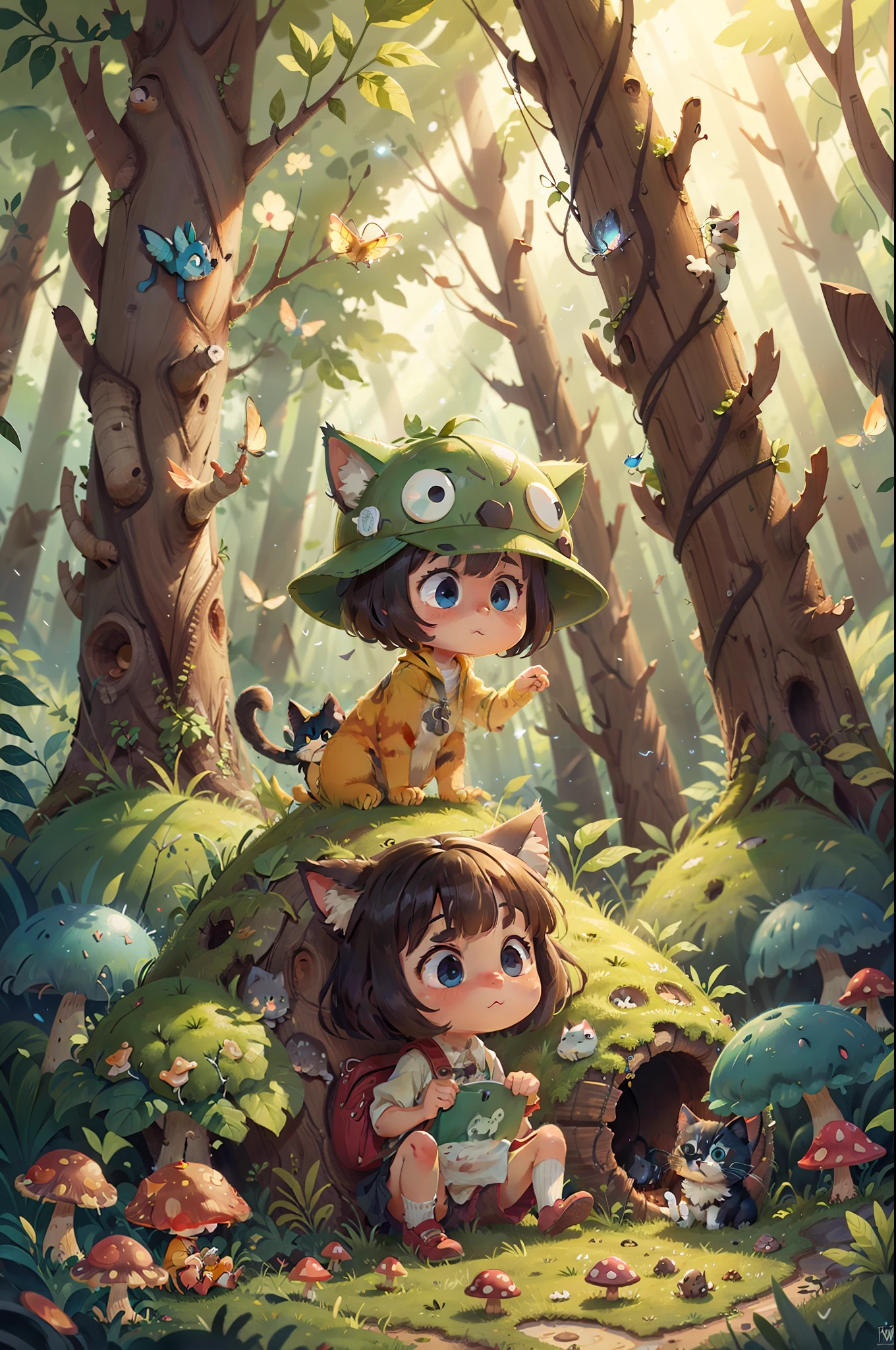 In the forest,Mushroom hole,bit girl,cat ear,ignorant,adolable,coda,eBlue eyes,A kitten is playing,natta,There are fireflies,Fire,starrysky,