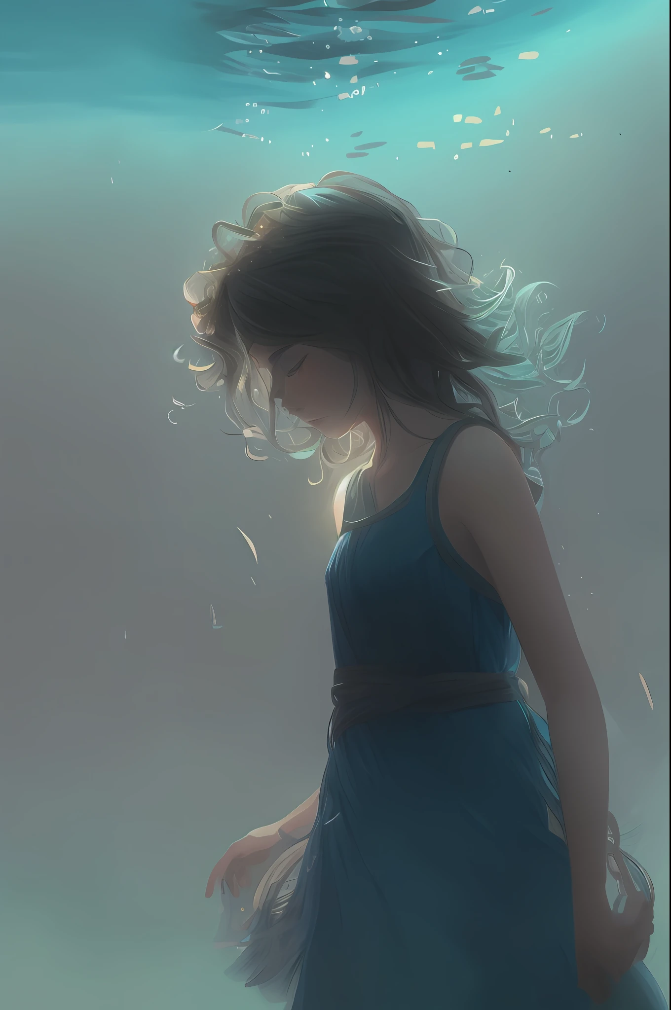 Underwater there is a woman in a dress,Shining, emotional concept art, stunning digital illustration, Guviz-style artwork, Anime. Soft lighting, 4k highly detailed digital art, Beautiful digital artwork, Makoto Shinkai Cyril Rolando, 8K HD wallpaper digital art, Beautiful and cinematic lighting, Dramatic lighting. concept-art