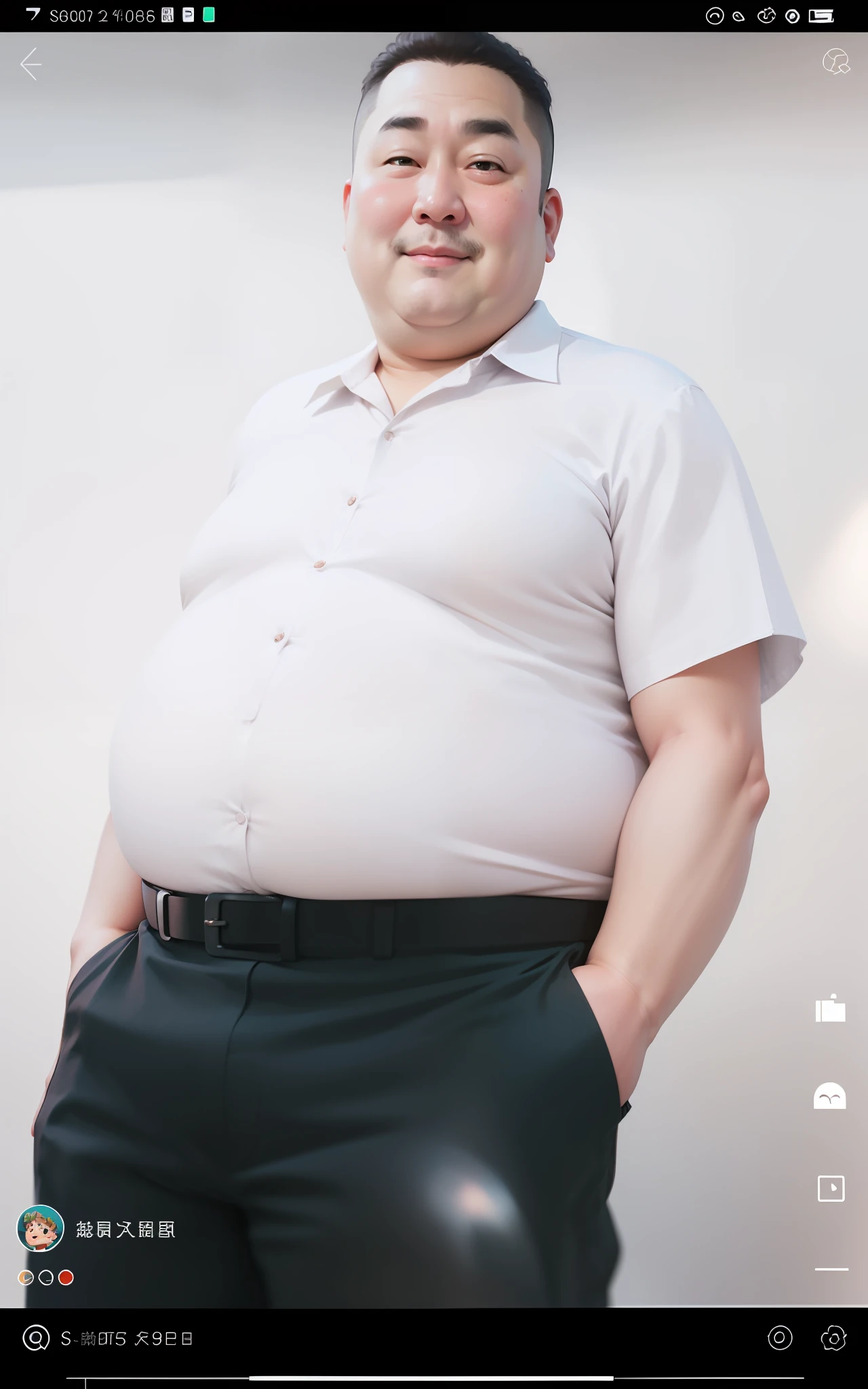 Fat uncle，with a round face，short detailed hair，ssmile，potbelly，White color blouse，with fair skin
