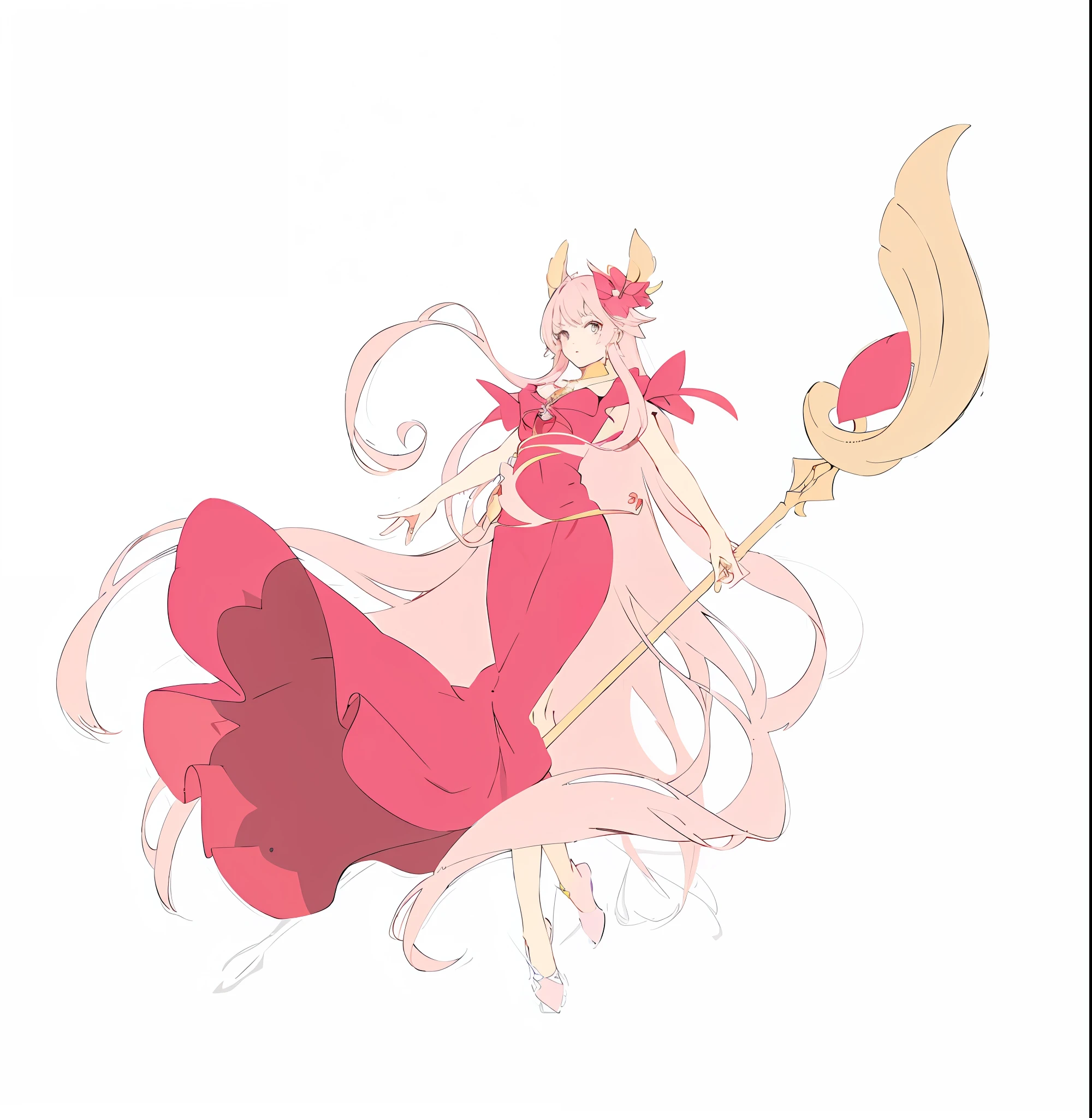 Anime girl wearing pink dress， she is holding a long staff, style of magical girl,,Fine portrayal，Full body game standing painting