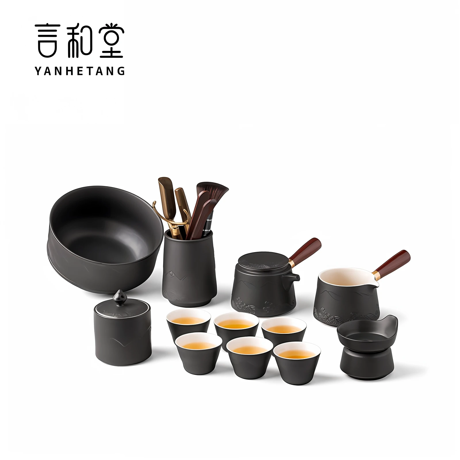 There are many beautiful cups and saucers on the table,product introduction photos,Handsome,Middle Metaverse,Official product image,ceramics,With research as a background,Creative product advertising results,High-quality product display,Unique design,Exquisite details,Light and shadow rendering effects,Bright colors,Sharp contrast,Rich textures