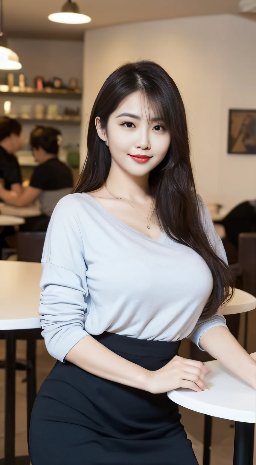 (1 beautiful 50-year-old plump beauty style), ((Best quality, 8K, huge tit: 1.5)), focal point: 1.2, Perfect body proportions: 1.4, (Make a smile), (Ray traching),Watery eyes, Highly Detailed Face and Skin Textur, Fine eyes, Double eyelids, Whitens the skin, (long whitr hair, Air bangs: 1.3), (face round: 1.5), (a skirt: 1.4), (In the café,Artistry sitting),