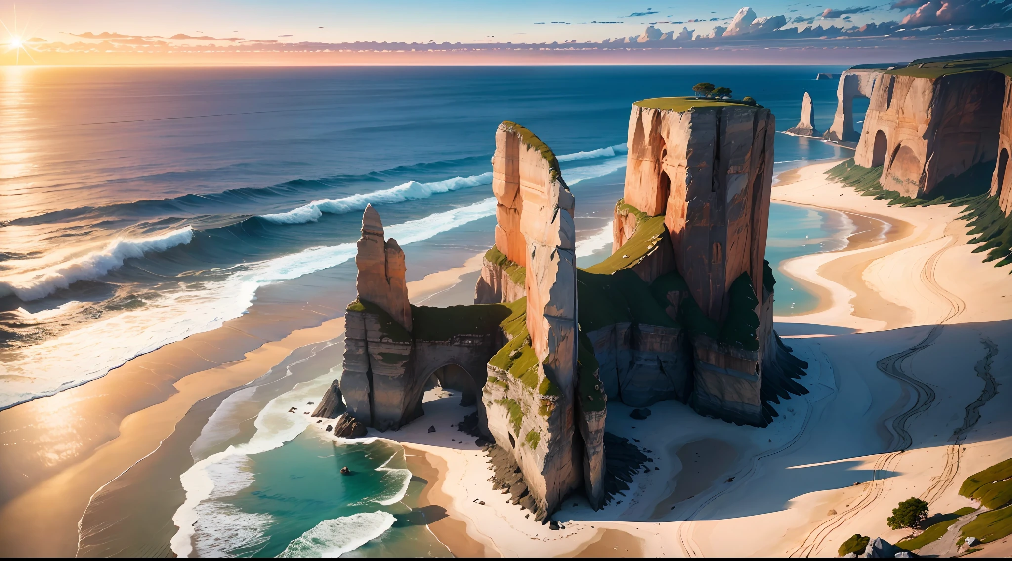 "An idyllic coastal landscape with majestic cliffs, a serene beach, and glistening ocean waves, devoid of human presence. Captivating scenery, expansive sky, outdoor ambiance, wispy clouds, shimmering water, breathtaking sunset hues, and rugged rock formations."