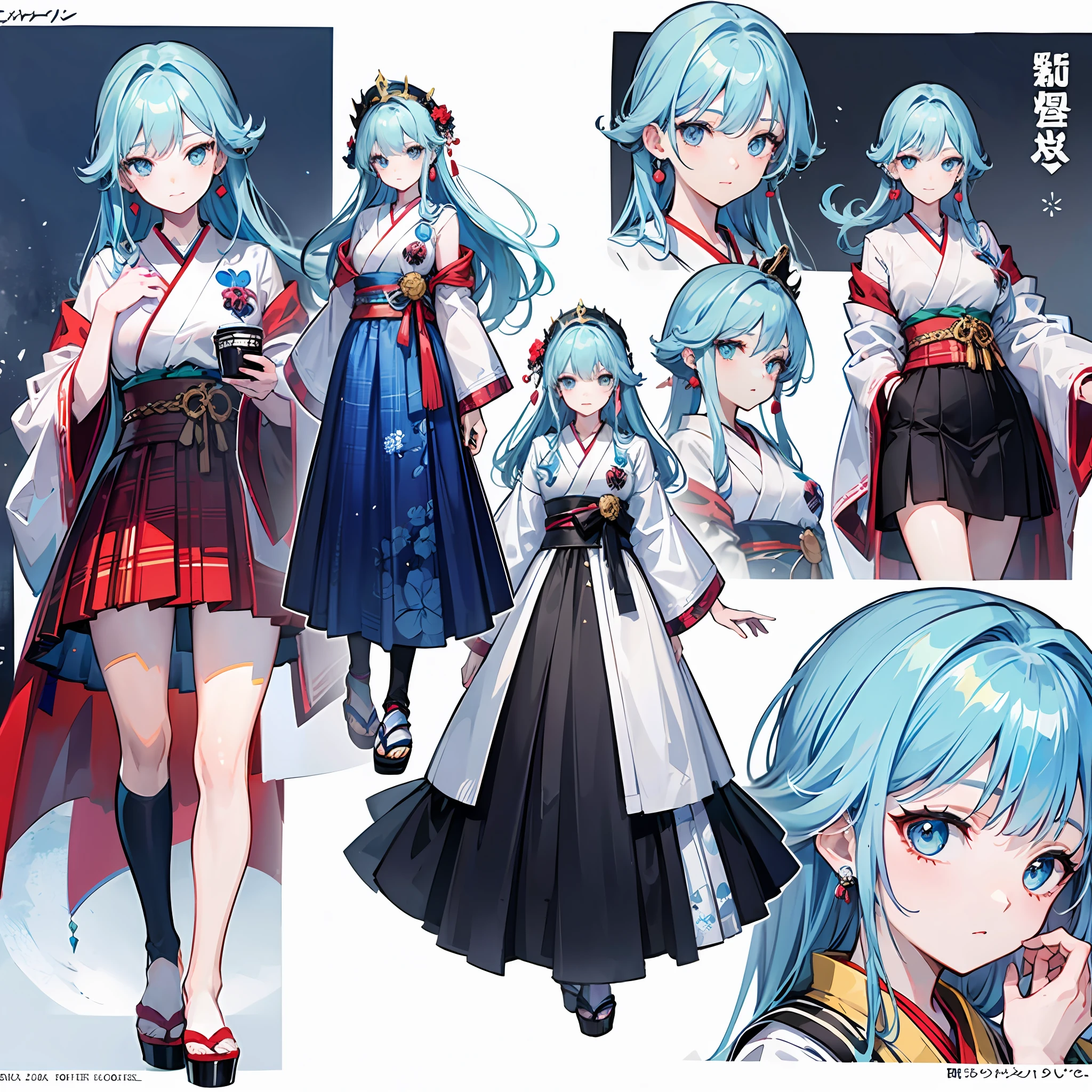 Anime characters with long hair and dresses，coffeehouse，lightblue hair，Light blue eyes，Be red in the face，White color blouse，long plaid skirt，Phillips stud earrings，Students carry beautiful fan art，detail-rich, Highly detailed character design, beautiful full-body concept art, Great character design, detailed anime character art, character design art, high quality character design, Detailed character design, [ Character design ] ，Japanese painted manga style