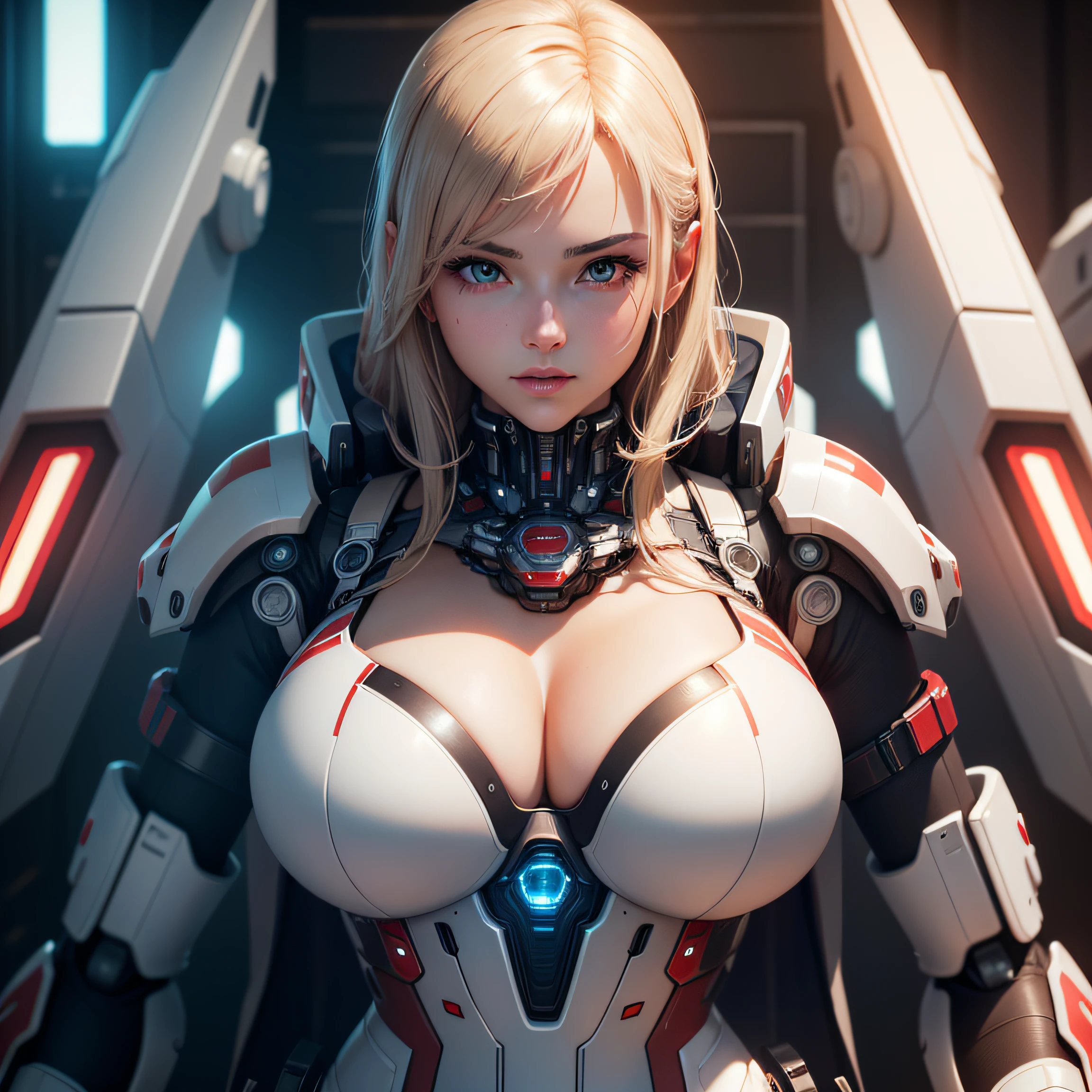 Highest quality, outstanding detail, super high resolution, (realism: 1.4), best illustration, favor details, close-up, a mecha girl, with a delicate and beautiful face, ((red and white semi-mechanical body: 1.8)), (big breasts: 1.2), sexy, cleavage, bed, frontal, cyberpunk, futuristic, mechanical aesthetics, complex machinery, background is a high-tech lighting scene of the futuristic city, virtual engine 5, perfect detail rendering, octane rendering, ultra HD