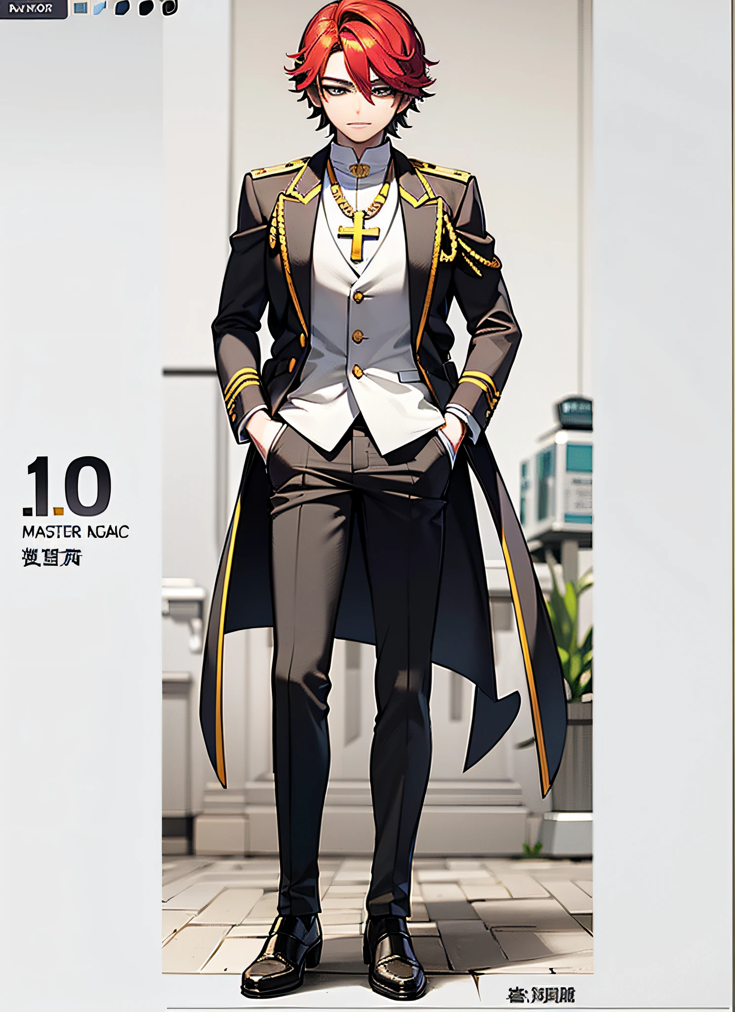 Full-body Vtuber, Full-body portraits, Looks clear., The best quality masterpiece, masculine, looking at the audience, Stand and look straight at the audience., single, Blue Eyes, Pastor's uniform, Red-Haired, long-haired, Cross necklace, Full-body portraits, ((10 , raw photograph, top-quality, master-piece), professional foto, (best shadows), ultra-high resolution, cinematic light, High profile CG including 8K wallpapers, Whole body,