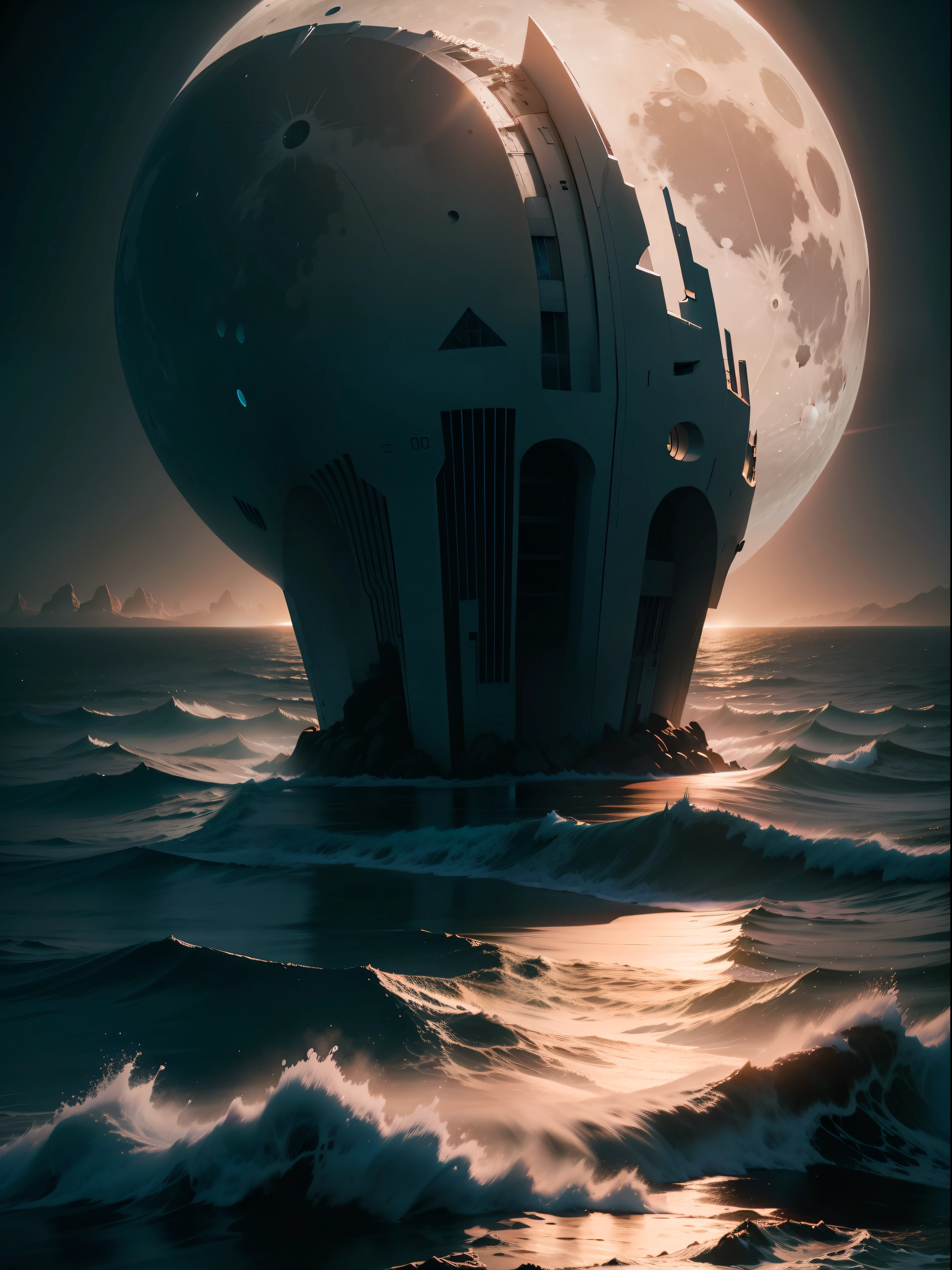 "The moon rises over the sea,A time of the end of the world,HASSELBLAD CAMERA,Cinematic lighting effects,afofuturism,Masterpiece detail,awardwinning"