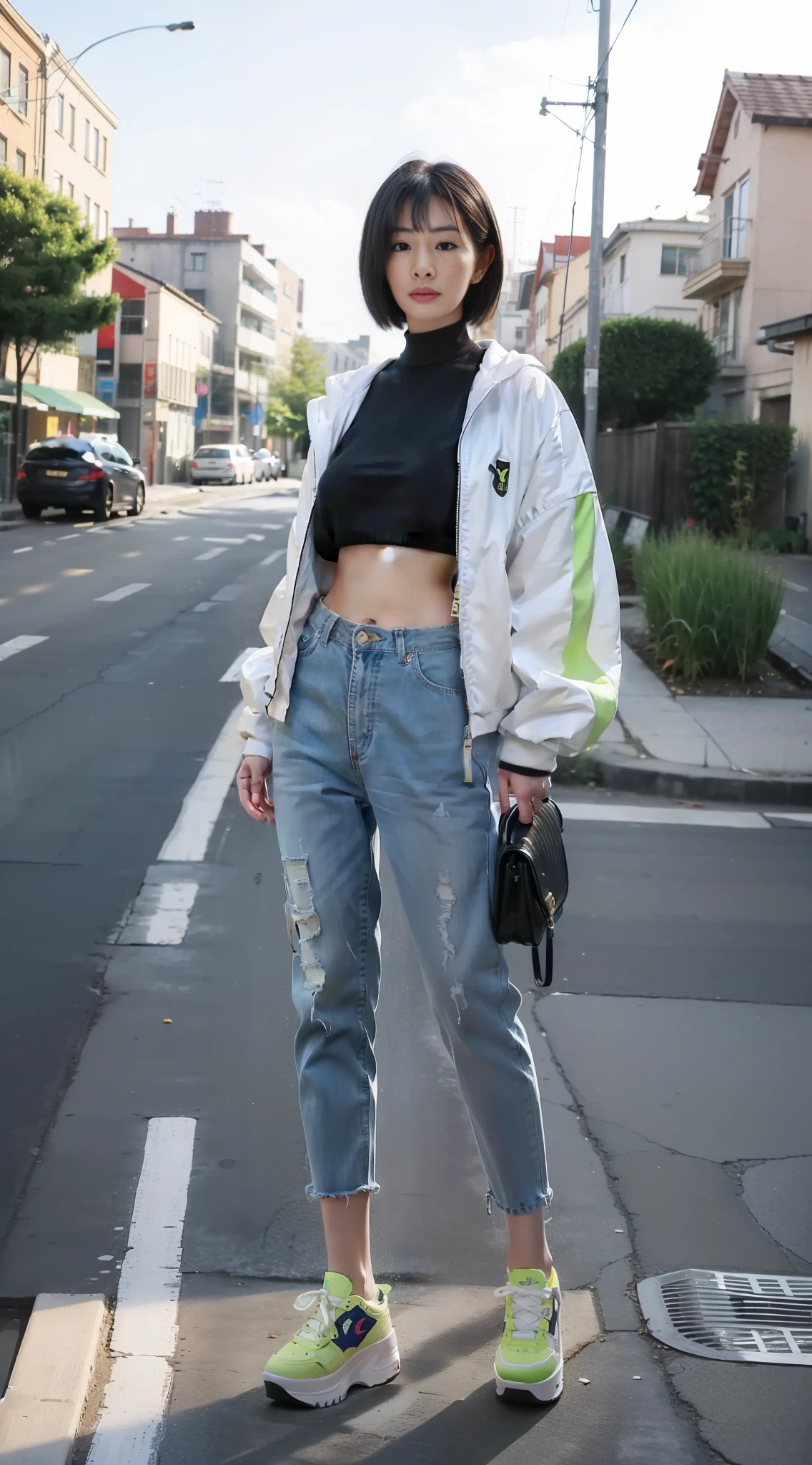 (8K, Raw photo, 超A high resolution, Best Quality, masutepiece:1.2), natural soft light、 absurderes, (1girl in),Beautiful face,A dark-haired,Pattsun bangs、short-haired,Symmetrical face、A detailed eye、street snap、((full body Esbian:1.48)),Y2K、cropped tops、low rise pants、Platform sneakers、Simple Jacket