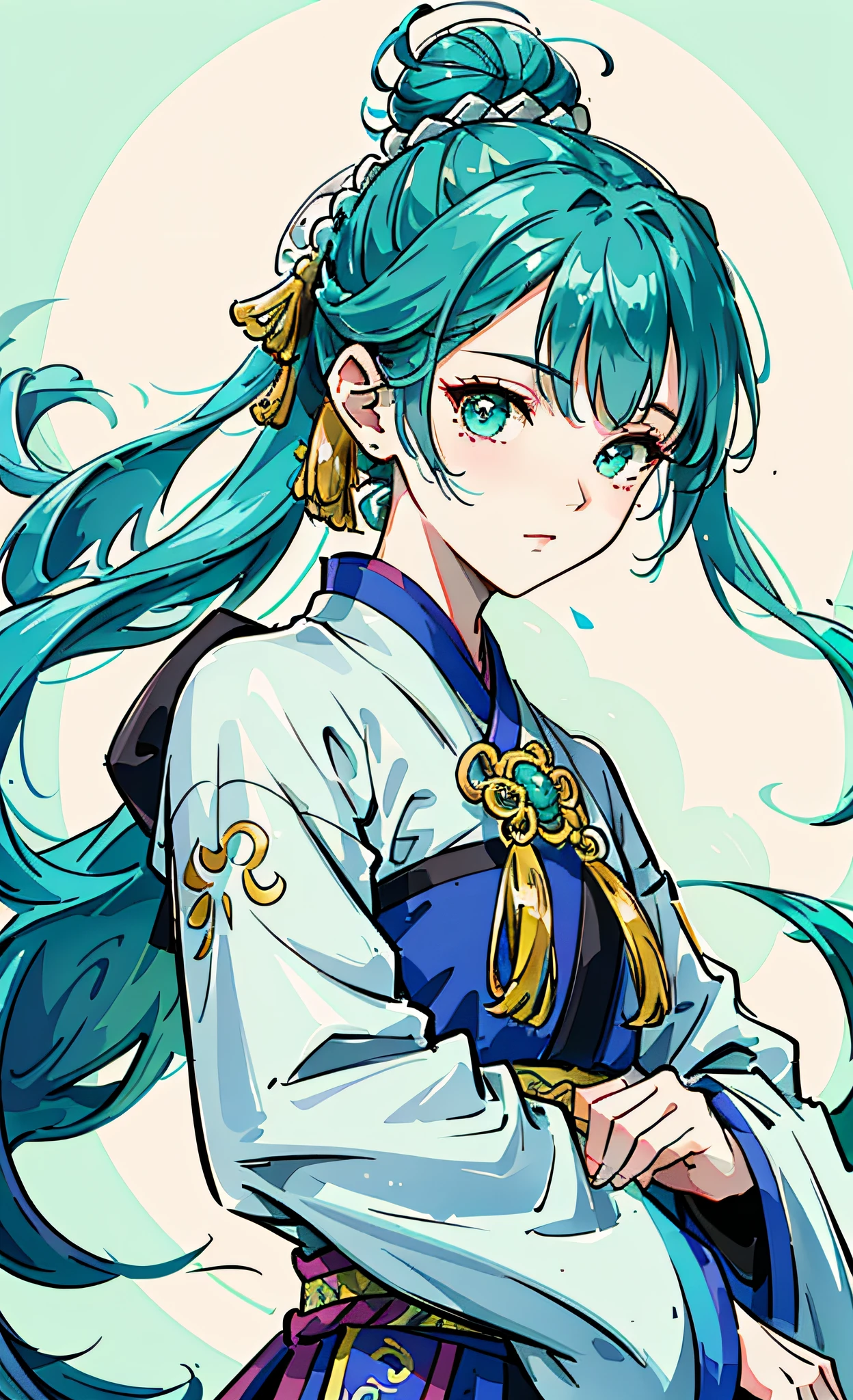 National style girl,Intricate damask hanfu,He has his hair in a bun on his head,Gorgeous accessories for the wearer,Youth and liveliness,Turquoise theme art style,The background is the stacking of magic arrays。Liu Yifei,Liu Yifei,Liu Yifei。超高分辨率,realisticlying,Best Picture Quality