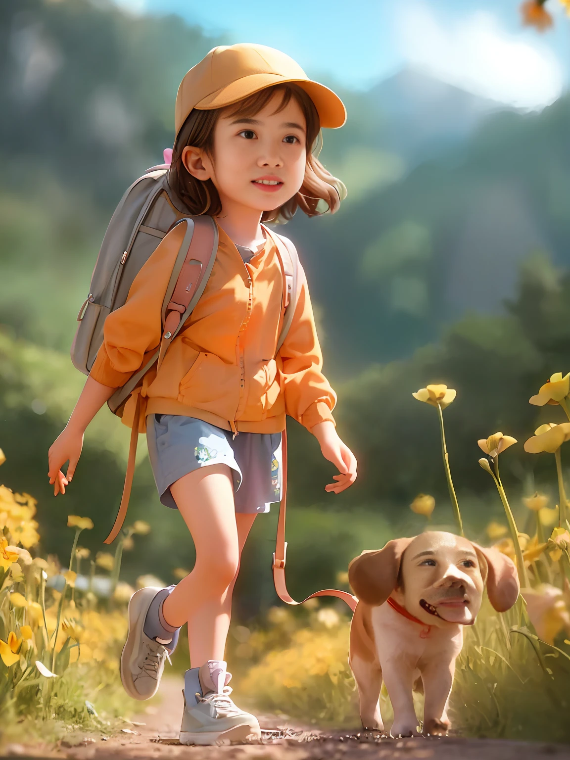 Tip: A very charming little girl with a backpack and her cute puppy enjoying a lovely spring outing surrounded by beautiful yellow flowers and nature. The illustration is a high-definition illustration in 4k resolution, featuring highly detailed facial features and cartoon-style visuals.