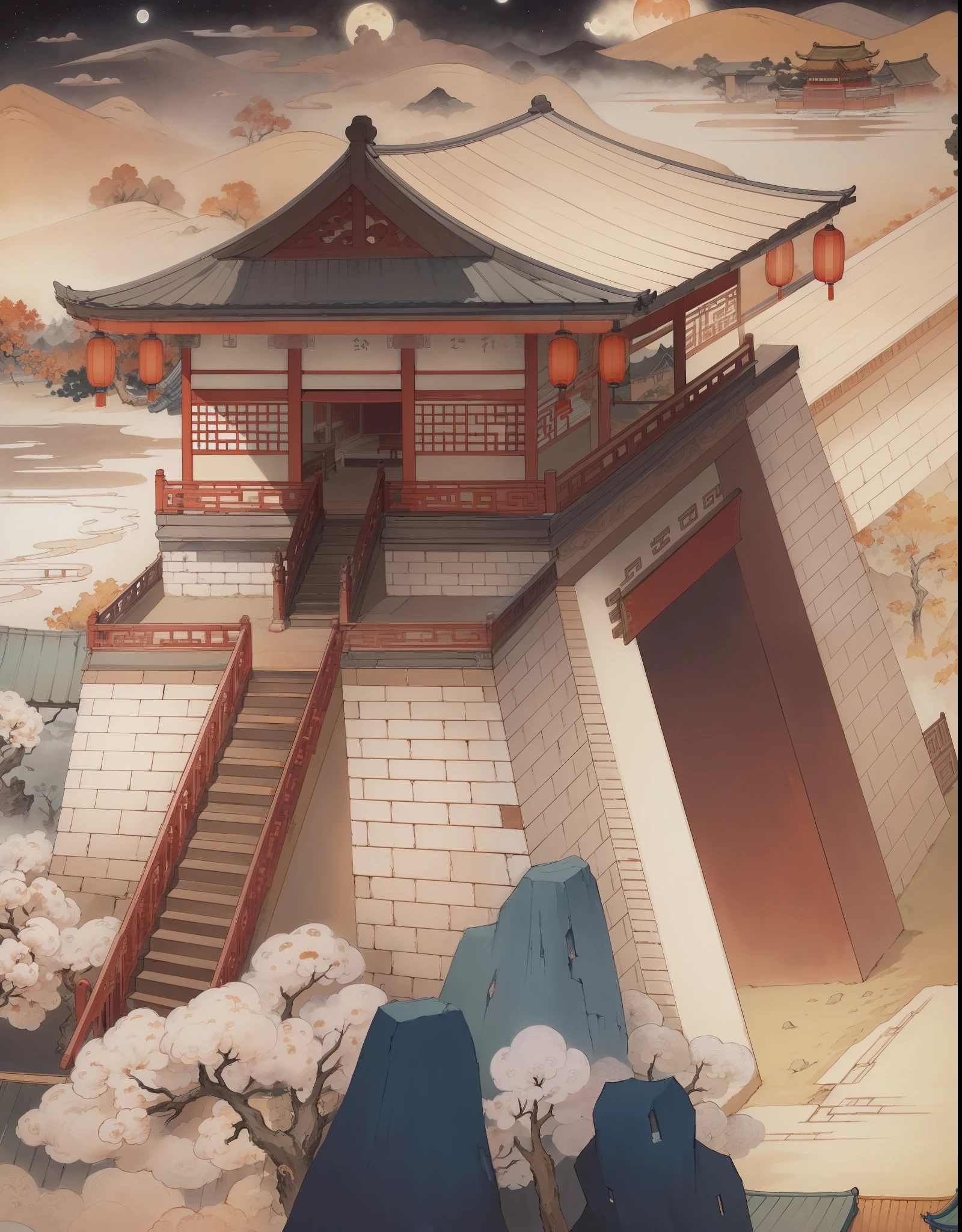 Ancient Chinese landscapes,Ancient buildings,Pavilions,Carved beams and paintings,enchanting scenery,Night,Moon light,Layered, Rich light and shadow,Mid-Autumn Festival, Ink painting style,clean color,Low-saturation colors,Colors of low brightness,Decisive cut,Leave white space,impressionistic,tmasterpiece,ultra-detailliert,Epic composition, HighestQuali,hyper realisitc,Art germ --v 6