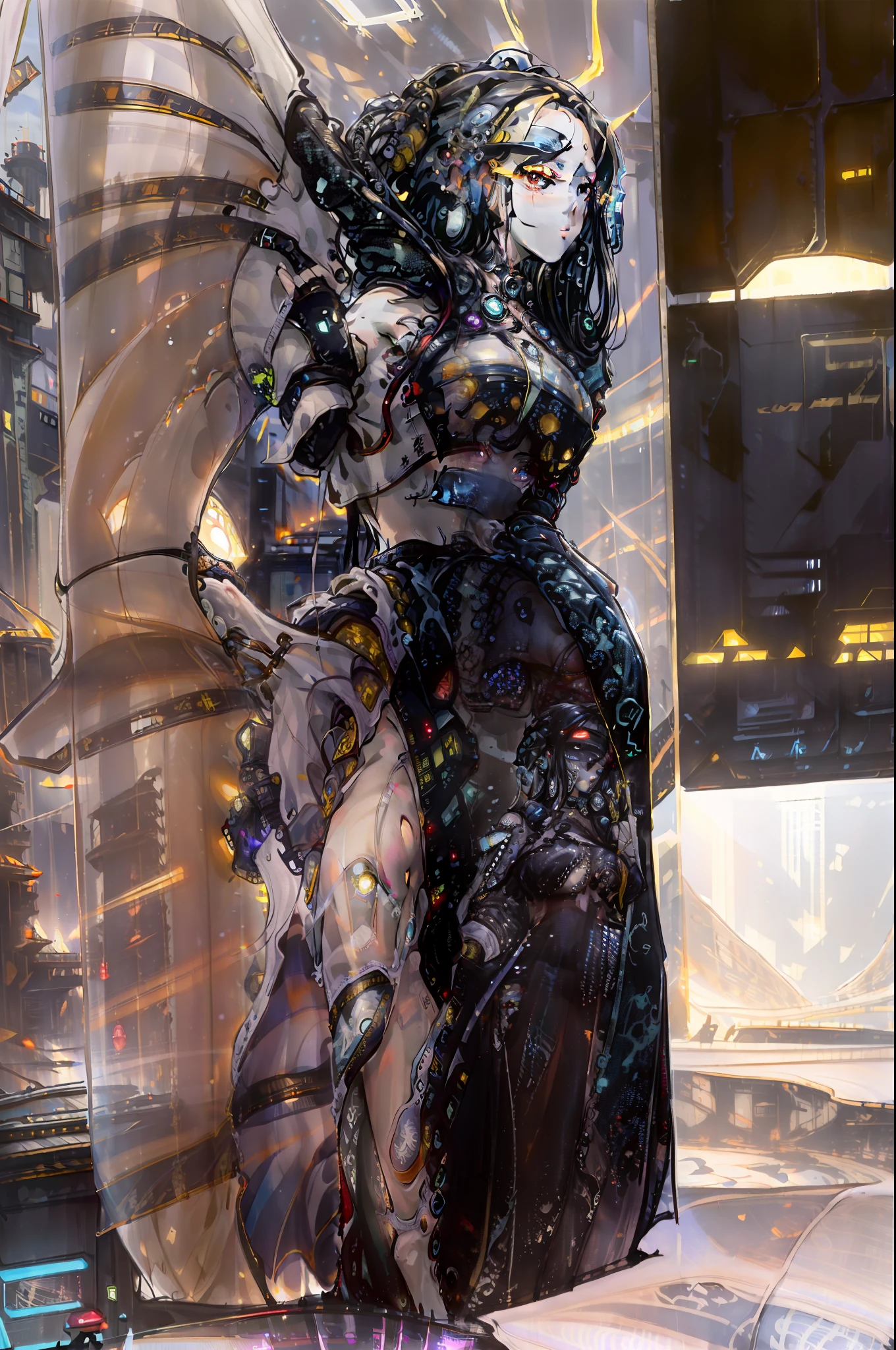 ((Best quality)), ((masterpiece)), (highly detailed:1.3), 3D, beautiful, (cyberpunk:1.6), in space, nebula, (holding_weapon:1.3), laser, (1Female mecha:1.3), sexy body, facing the audience, Glowing eyes, full body, (flying, swooping down, dynamic, motion blur: 1.4), (huge mech wings: 1.6), looking up, glowing_eyes, mecha, panorama, background is earth, nebula, space, particles, Reality, HDR (High Dynamic Range), Ray Tracing, NVIDIA RTX, Super Resolution, Unreal 5, Subsurface Scattering, PBR Textures, Post Processing, Anisotropic Filtering, Depth of Field, Maximum Clarity and Clarity, Multilayer Textures, Albedo and Specular maps, Surface shading, accurate simulation of light-material interaction, perfect proportions, Octane Render, two-tone lighting, large aperture, low ISO, white balance, rule of thirds, 8K RAW, efficient sub-pixel, sub-pixel volume product, (best quality),(Japanese:0.5),(korean:0.8), (Liu Yi Fei:1.5) long hair, (big breast:1.2),(underboob:1.5), (white transparent lace mini skirt:1.5)